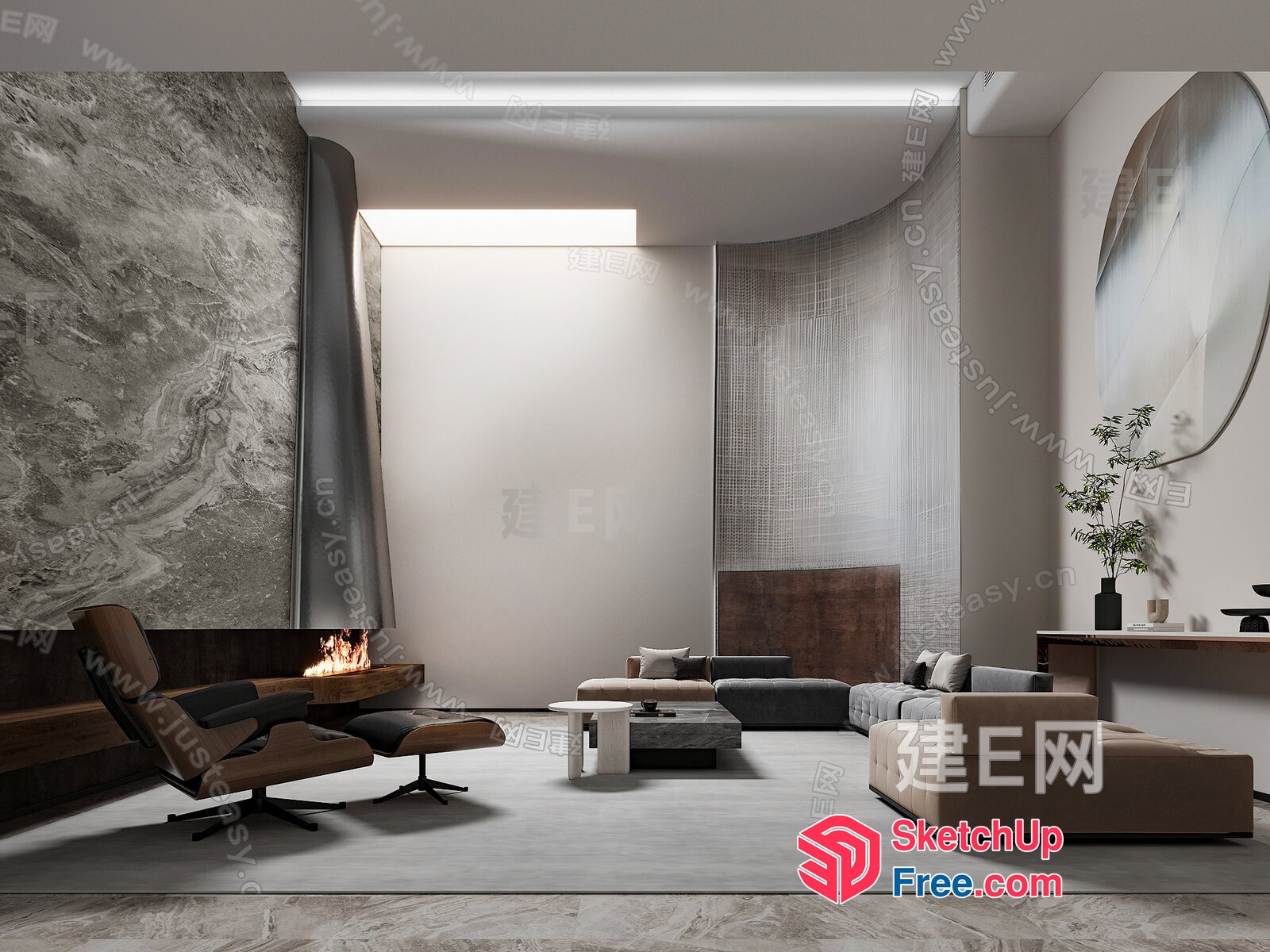 Modern Minimalist Living Room With Fireplace And Natural Light 3D SketchUp File