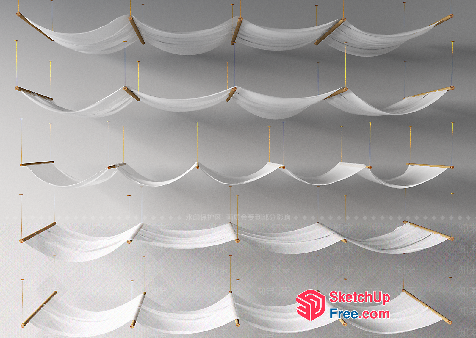 Elegant White Fabric And Wooden Rods Suspended Decorations 3D SketchUp File
