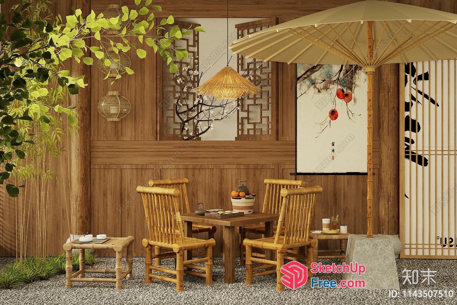 Traditional Asian-Inspired Outdoor Seating Area 3D SketchUp File