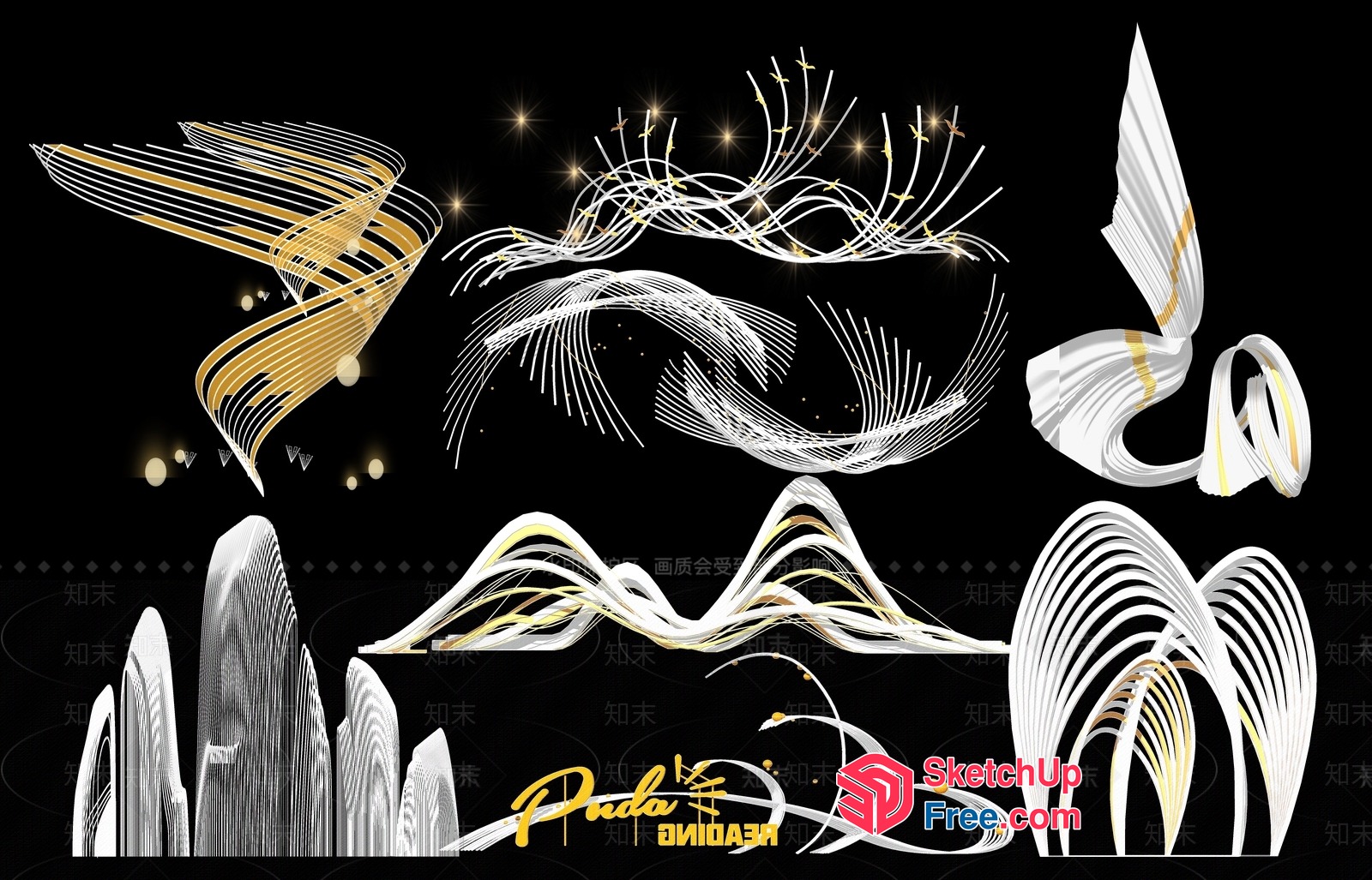Abstract White And Gold Artistic Shapes 3D SketchUp File