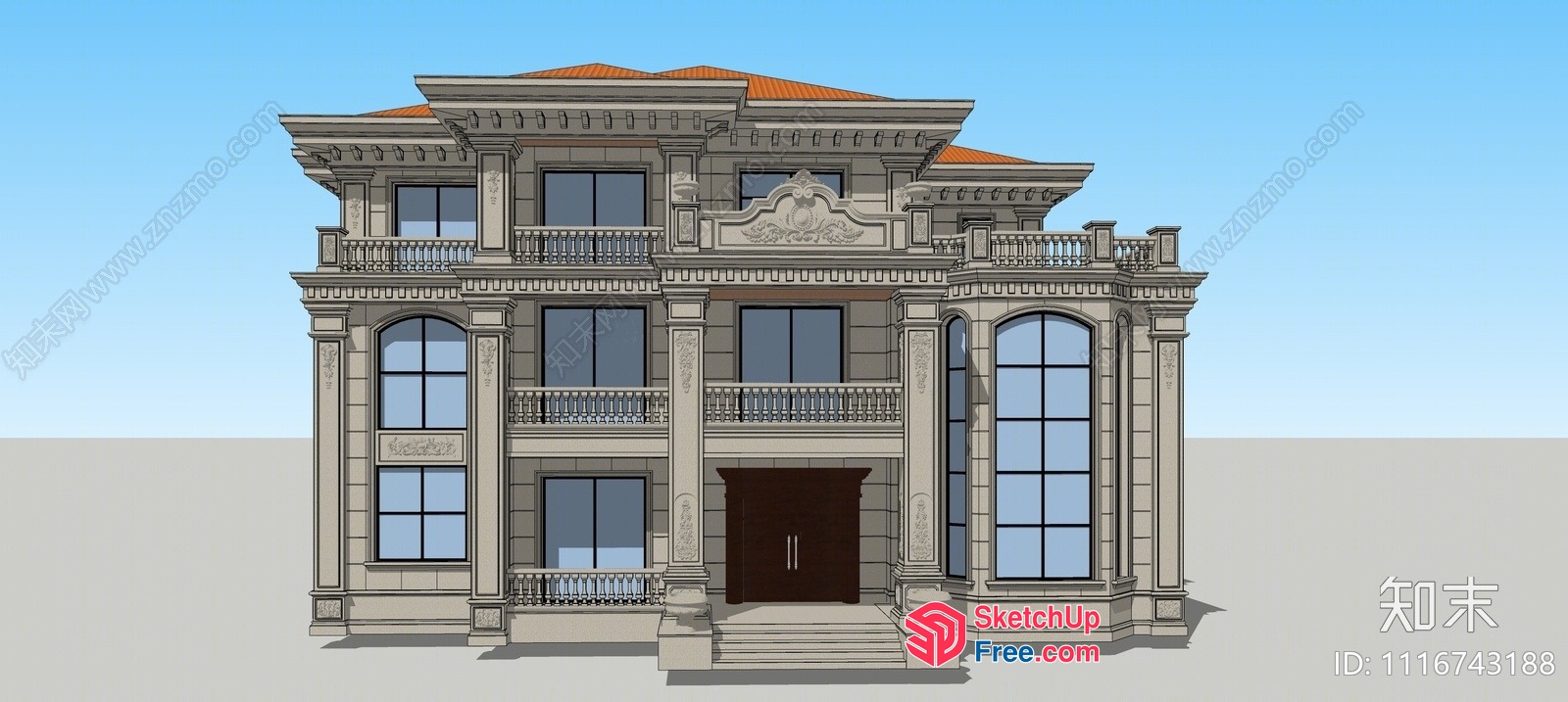 Elegant Classic Mansion With Ornate Balconies And Pillars 3D SketchUp File