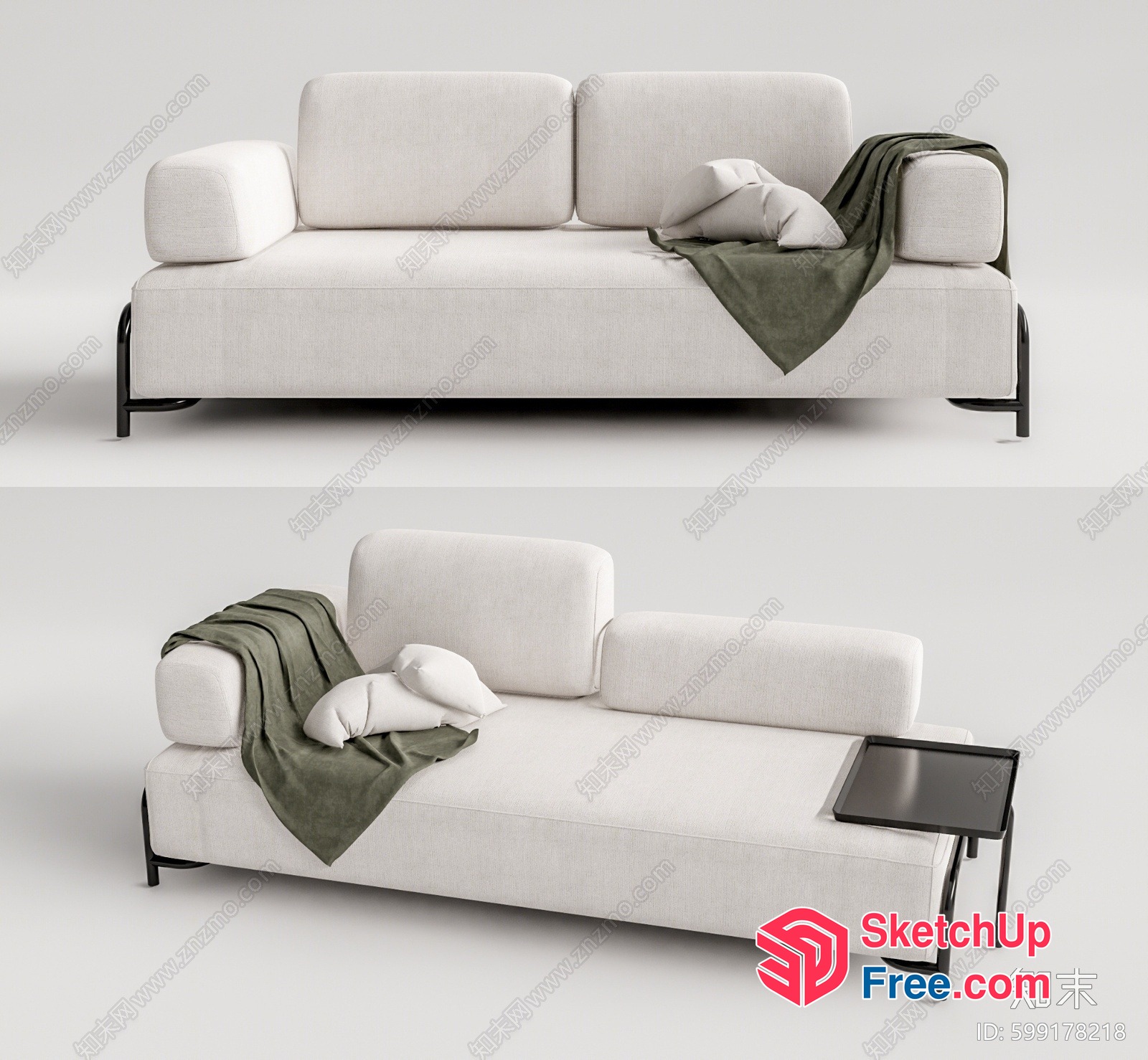 Minimalist White Sofa With Green Throw Blanket 3D SketchUp File
