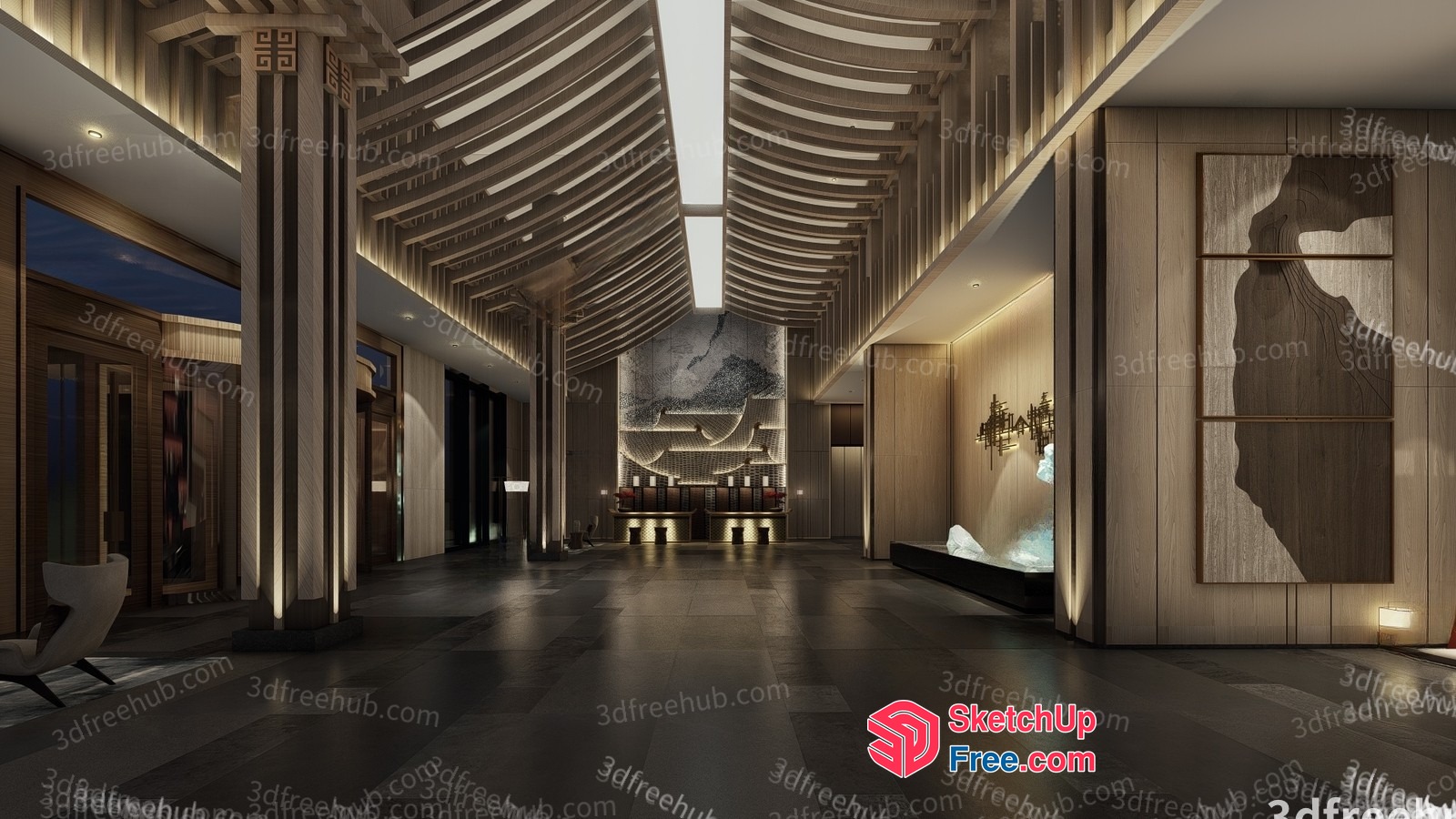 Luxurious Modern Lobby Interior With Elegant Ceiling 3D SketchUp File