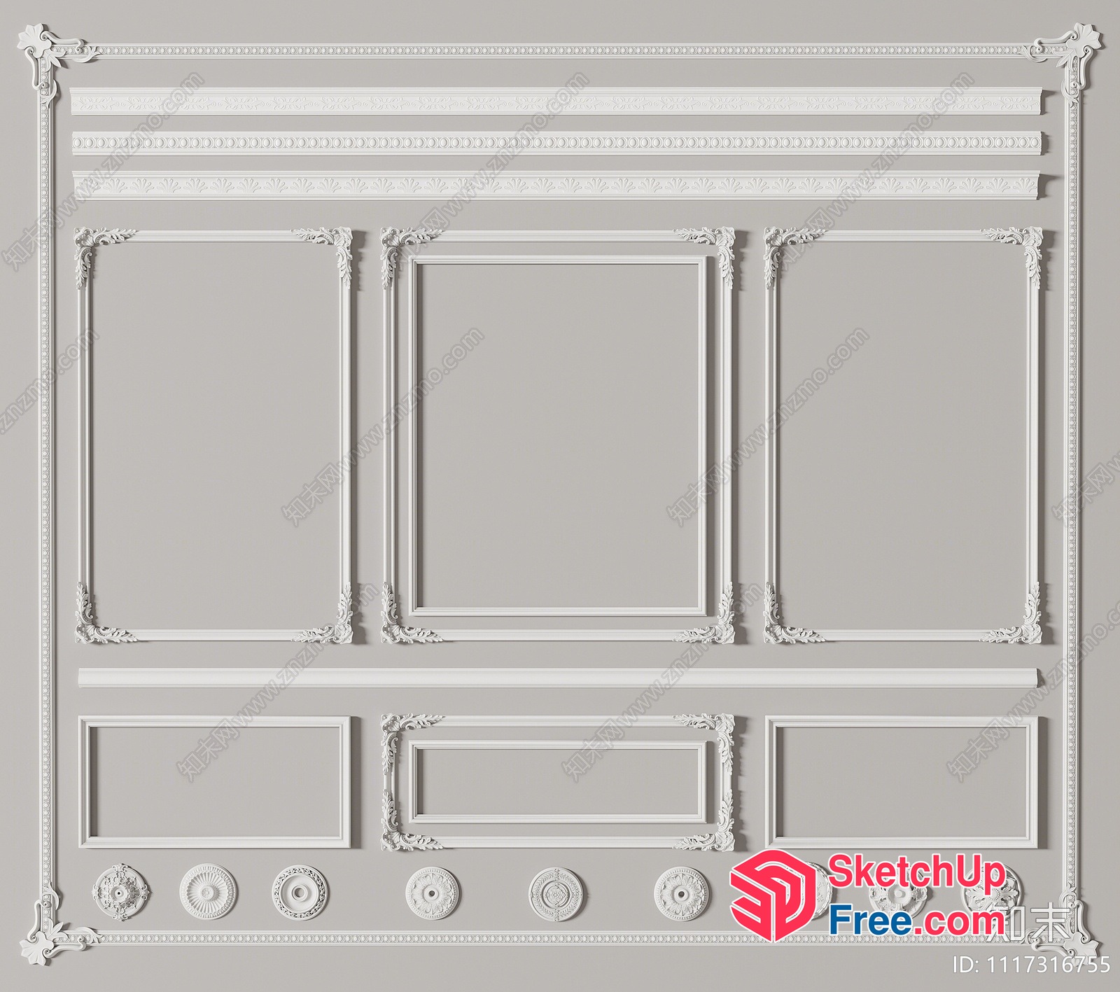 Ornate White Decorative Moulding Elements 3D SketchUp File