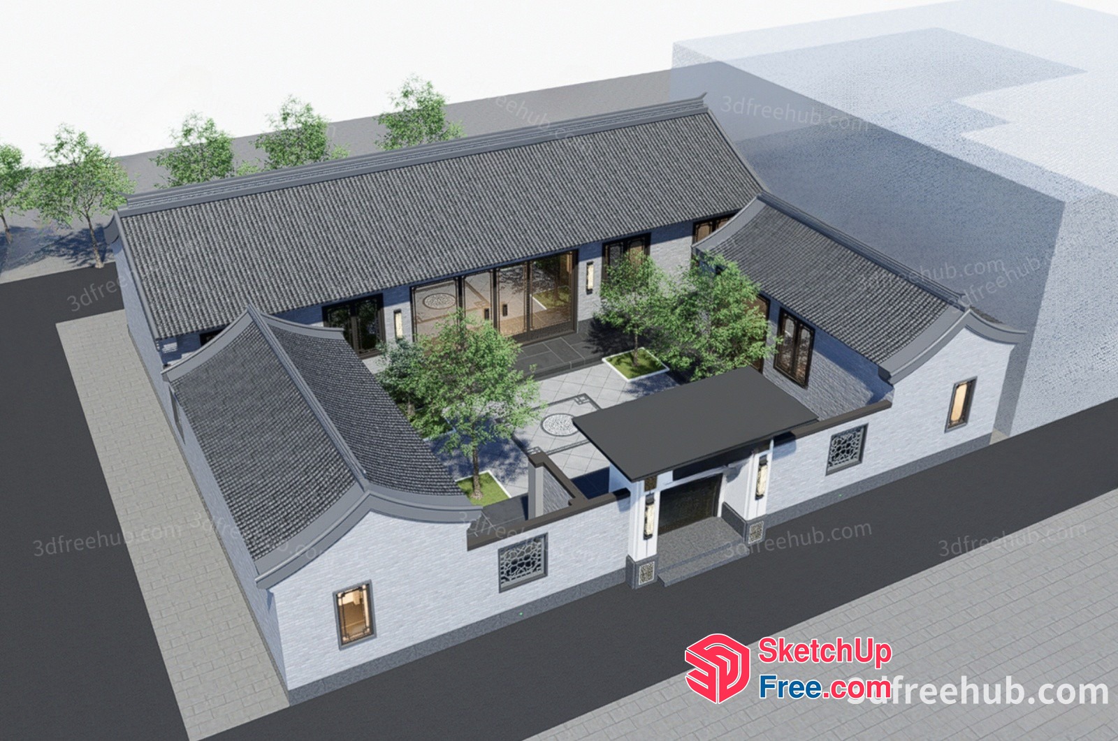 Traditional Asian-Style Building With Courtyard 3D SketchUp File