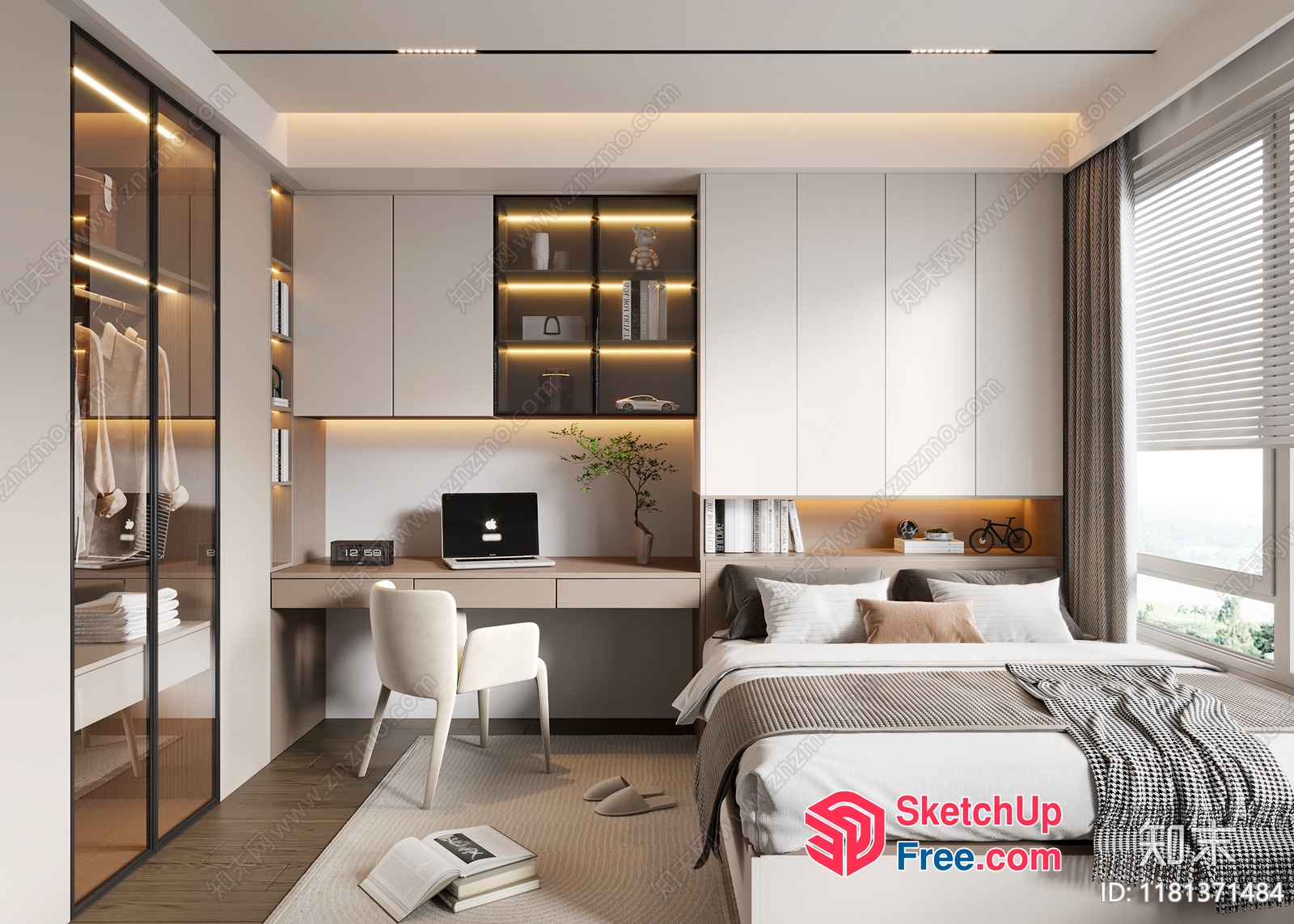Minimalist Japanese Style Bedroom With Built-In Wardrobe And Desk 3D SketchUp File