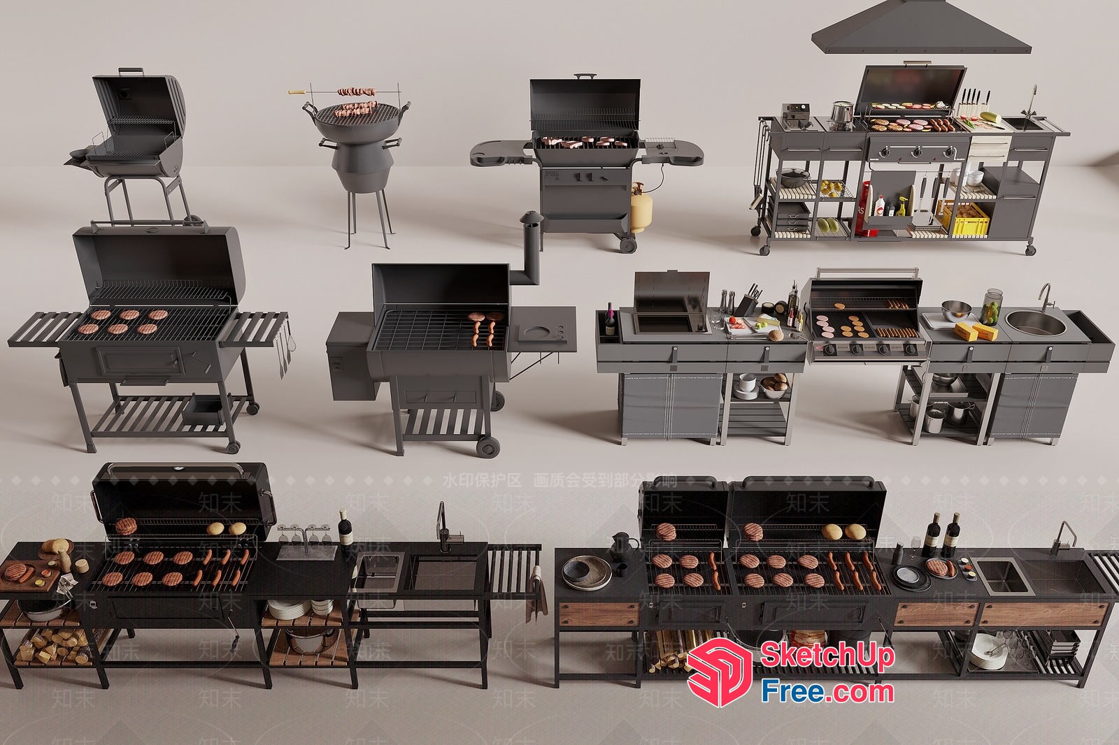 Outdoor Cooking Station With Barbecue Grills And Utensils 3D SketchUp File