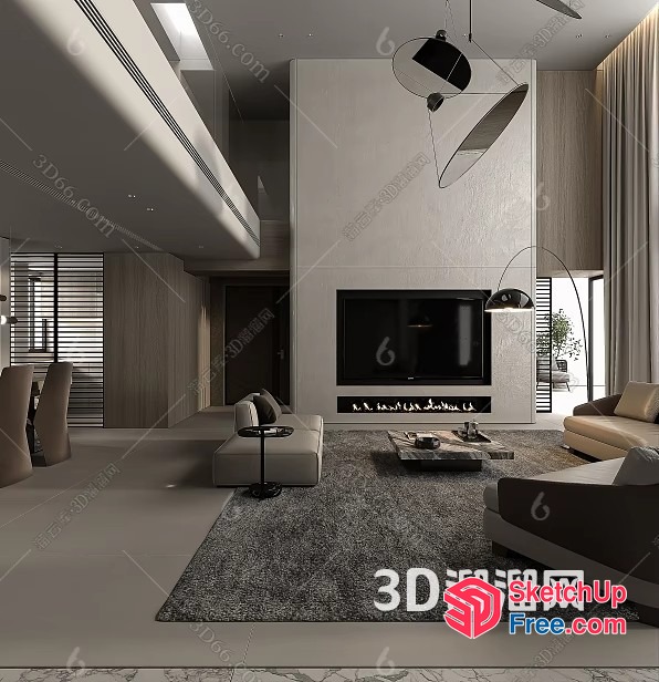 Modern Living Room With Fireplace And Large Window 3D SketchUp File