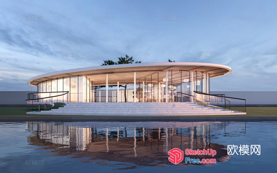 Modern Glass Building With Circular Roof 3D SketchUp File