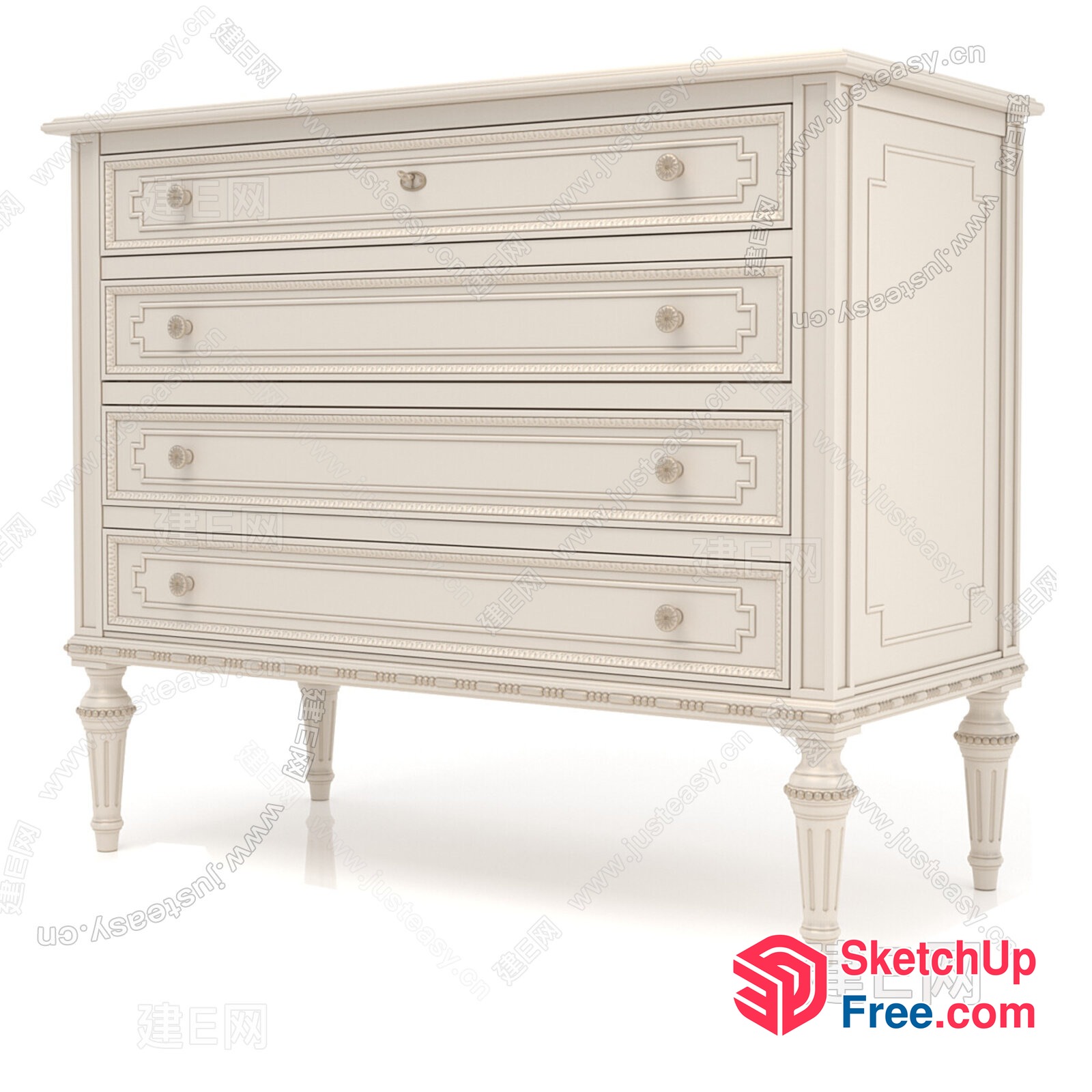 Ornate Creamy-Style Wooden Dresser With Intricate Carvings 3D SketchUp File