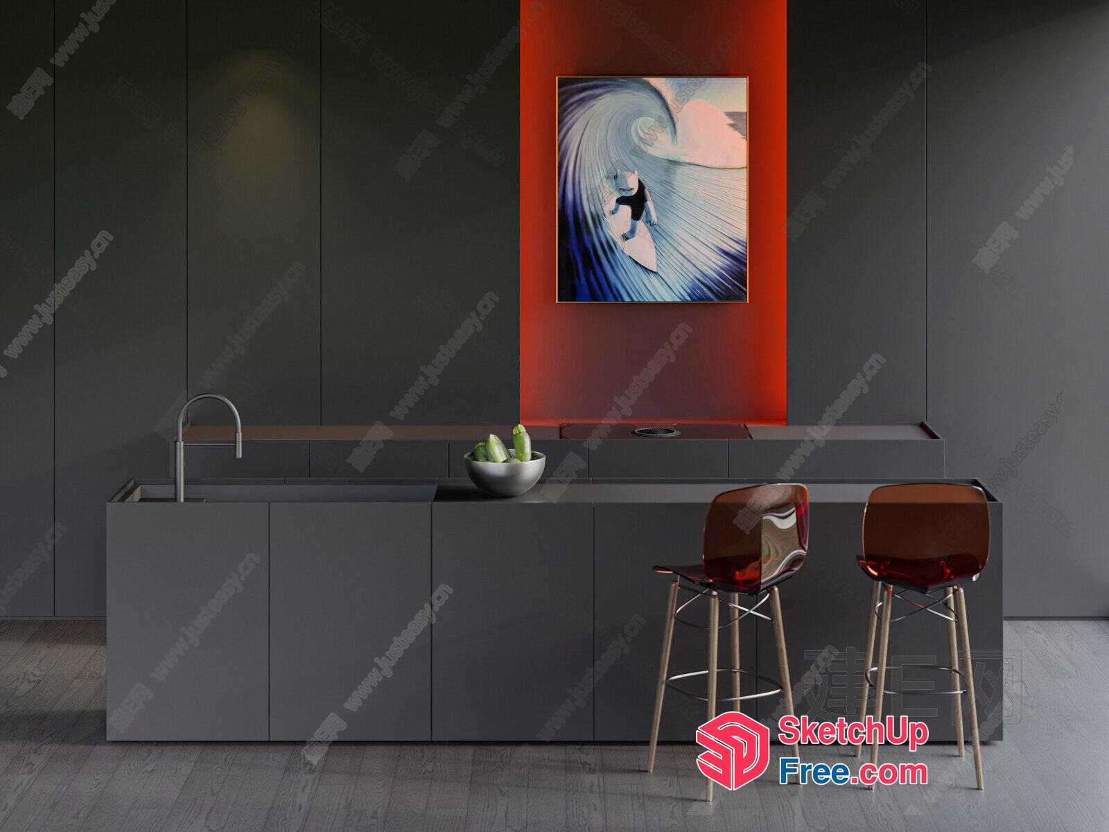 Modern Grey Kitchen Island With Brown Bar Stools And Surfing Art 3D SketchUp File