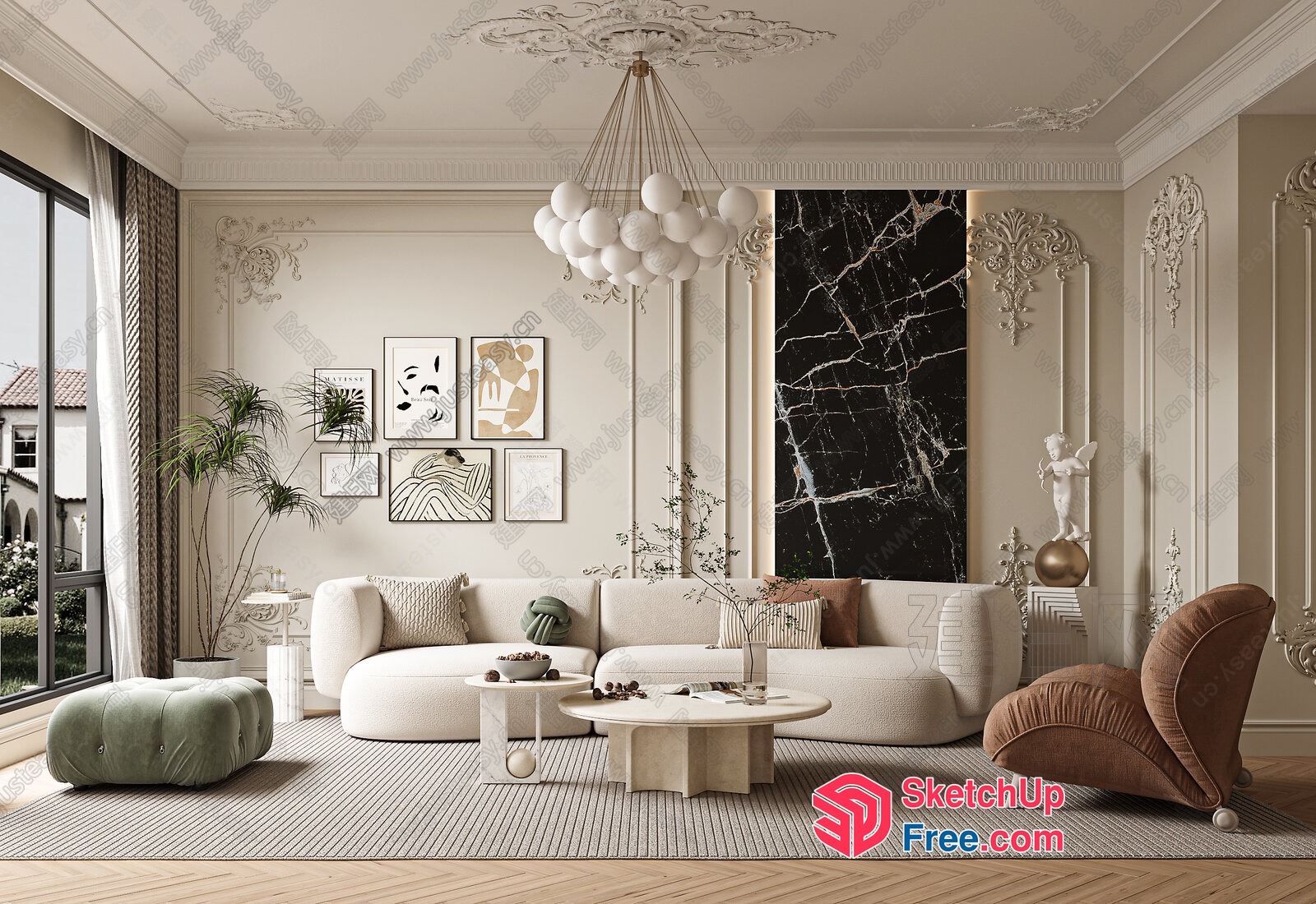 Elegant Living Room With Creamy Style Furniture And Decor 3D SketchUp File