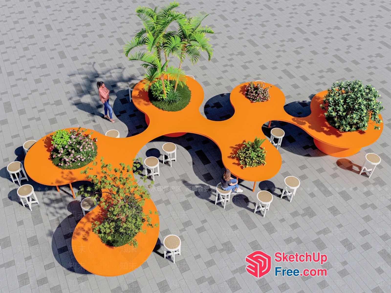 Modern Outdoor Dining Area With Unique Table And Planters 3D SketchUp File
