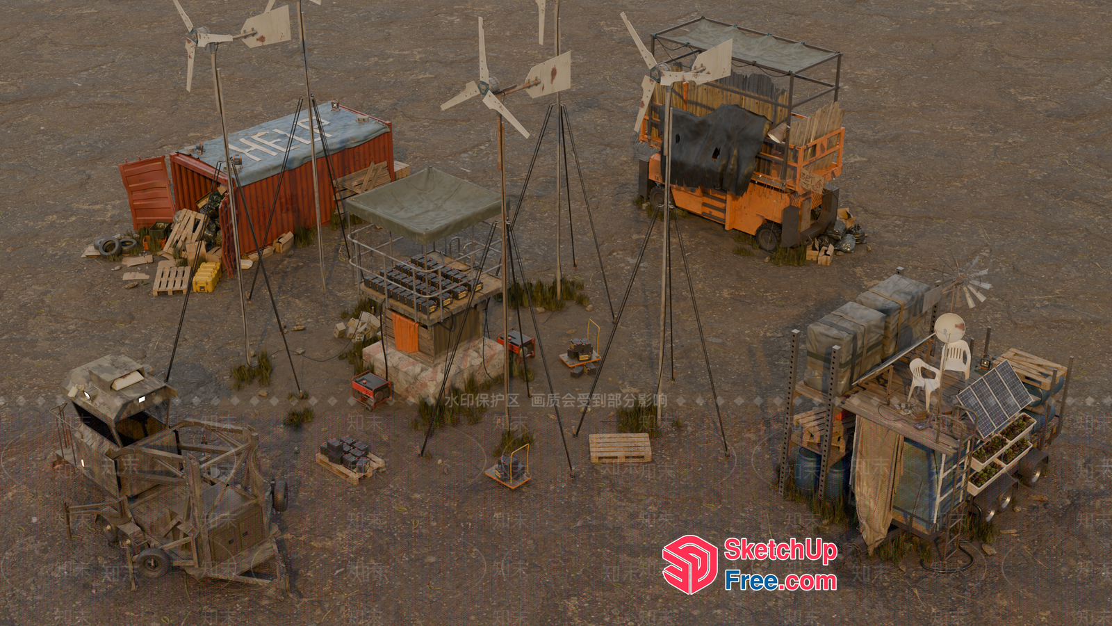Abandoned Industrial Site With Wind Turbines And Cargo Containers 3D SketchUp File