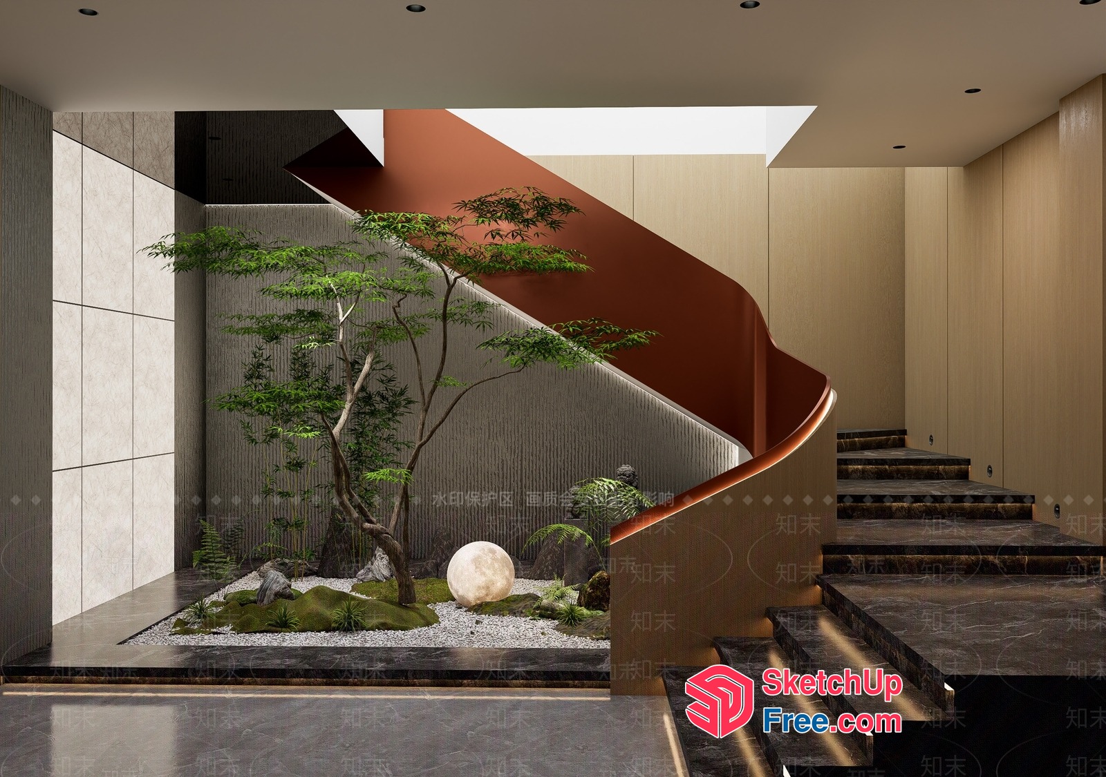 Modern Japanese-Inspired Staircase With Serene Garden 3D SketchUp File