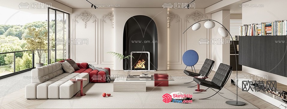 Elegant Modern Living Room With Fireplace And Balcony View 3D SketchUp File