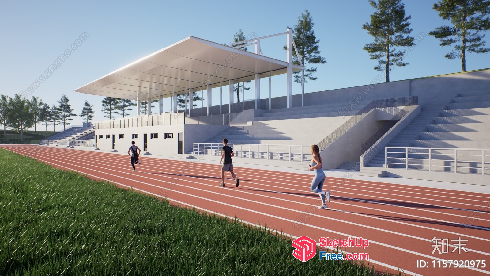 Four People Running On A Red Running Track In A Large Outdoor Stadium 3D SketchUp File