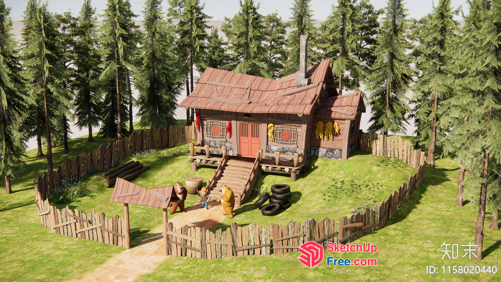 Cozy Rustic Cabin Scene With Wooden Fencing And Characters 3D SketchUp File
