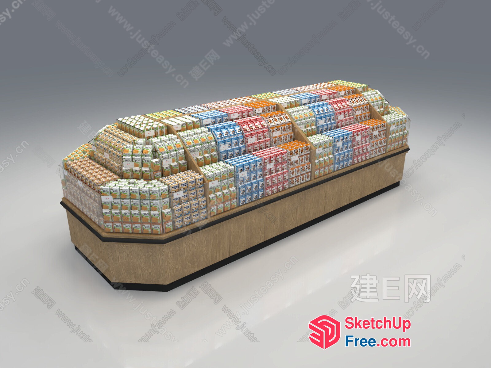 Long Display Of Juice Boxes On A Wooden Shelf 3D SketchUp File