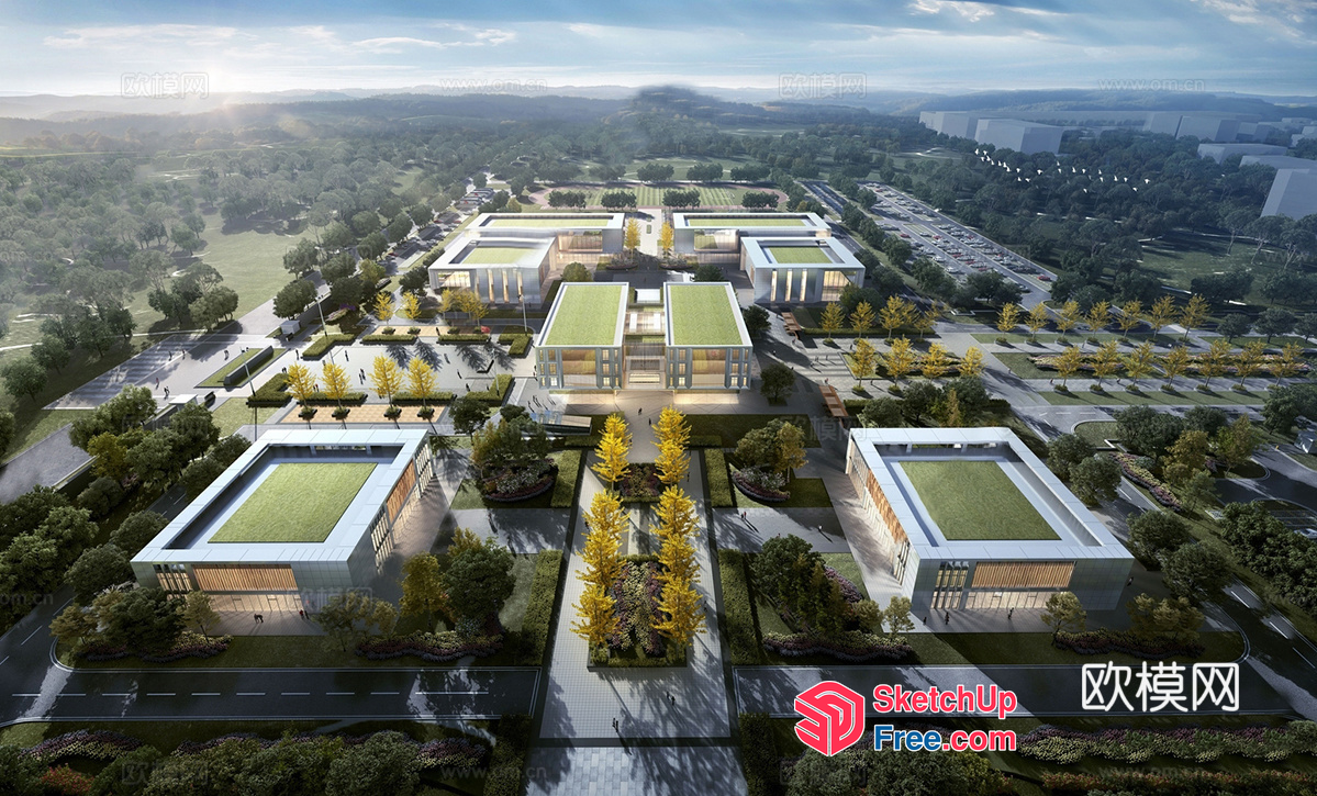 Modern Commercial Building With Green Roof And Courtyards 3D SketchUp File
