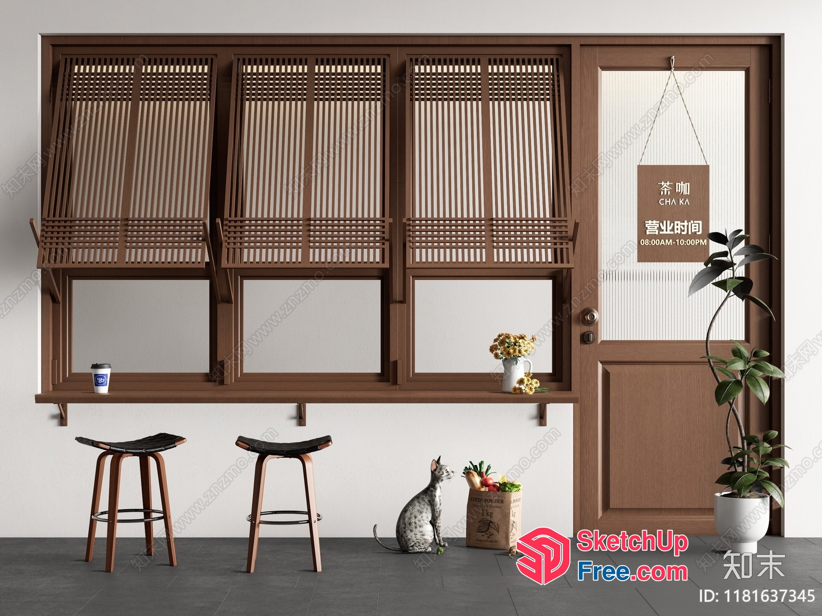 Japanese Style Cafe Entrance With Cats And Flowers 3D SketchUp File