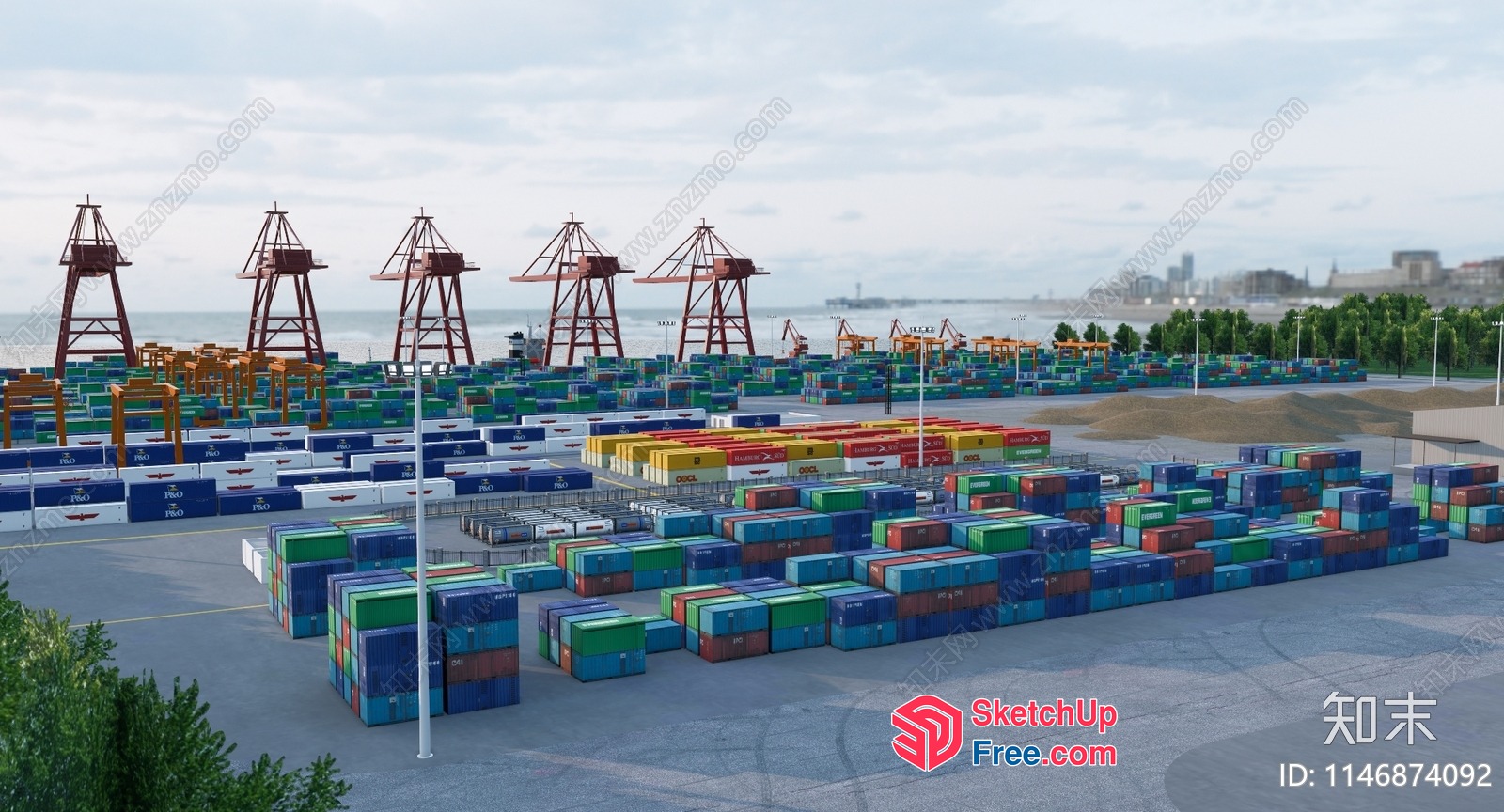 Shipping Yard With Colorful Containers And Cranes 3D SketchUp File