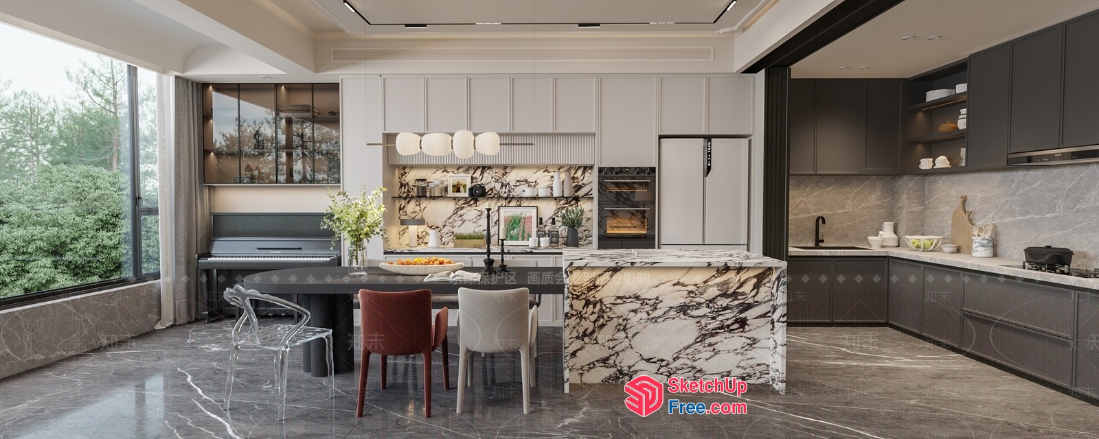 Modern Marble Kitchen Island With Elegant Dining Table 3D SketchUp File