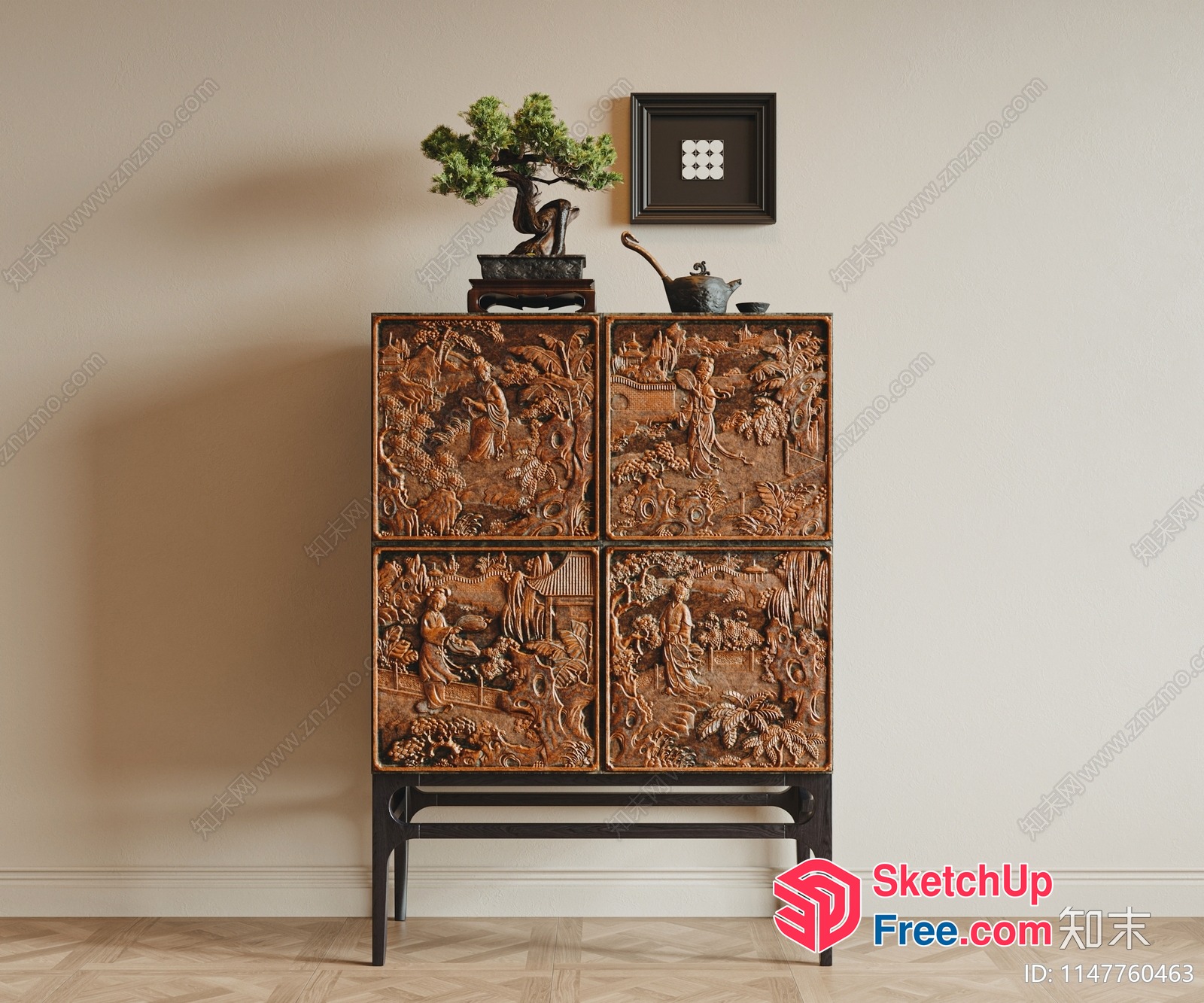 Ornate Wood-Carved Cabinet With Intricate Asian-Inspired Designs 3D SketchUp File