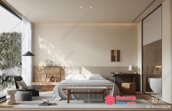 Minimalist Japanese Style Bedroom With Large Window And Bed 3D SketchUp File