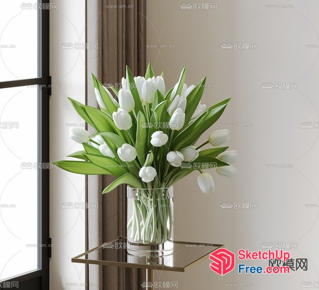 Elegant White Tulips In A Glass Vase 3D SketchUp File