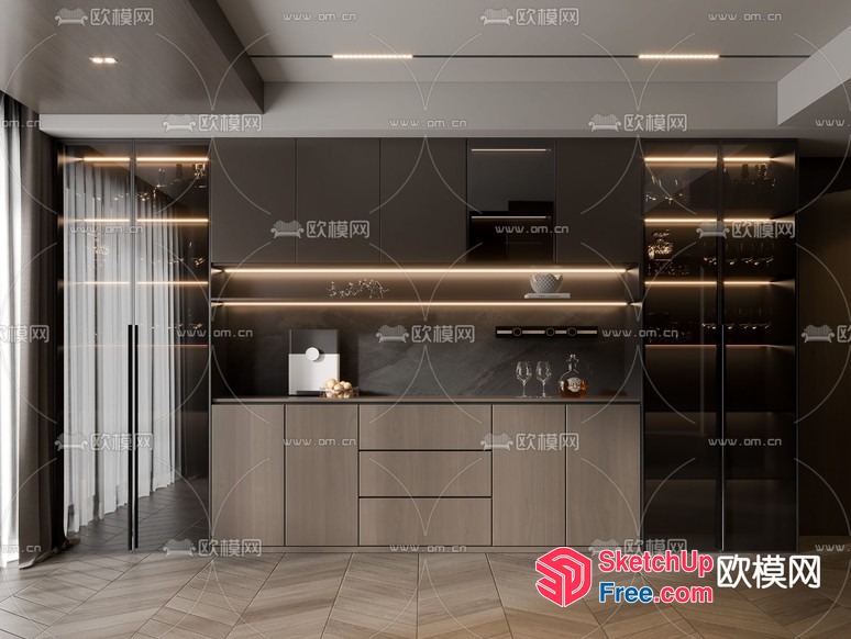 Modern Kitchen With Wooden Cabinets And Led Lighting 3D SketchUp File