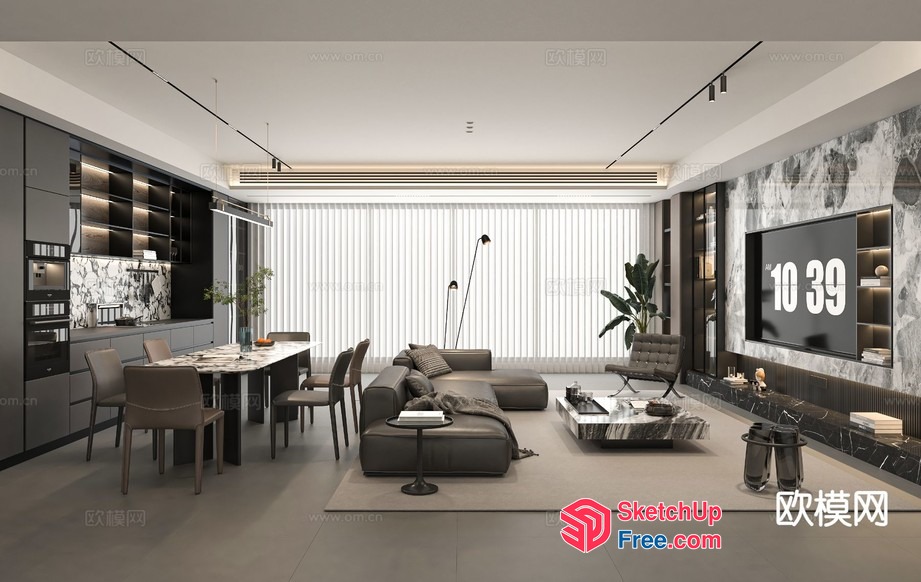 Modern Living Room With Dining Area 3D SketchUp File