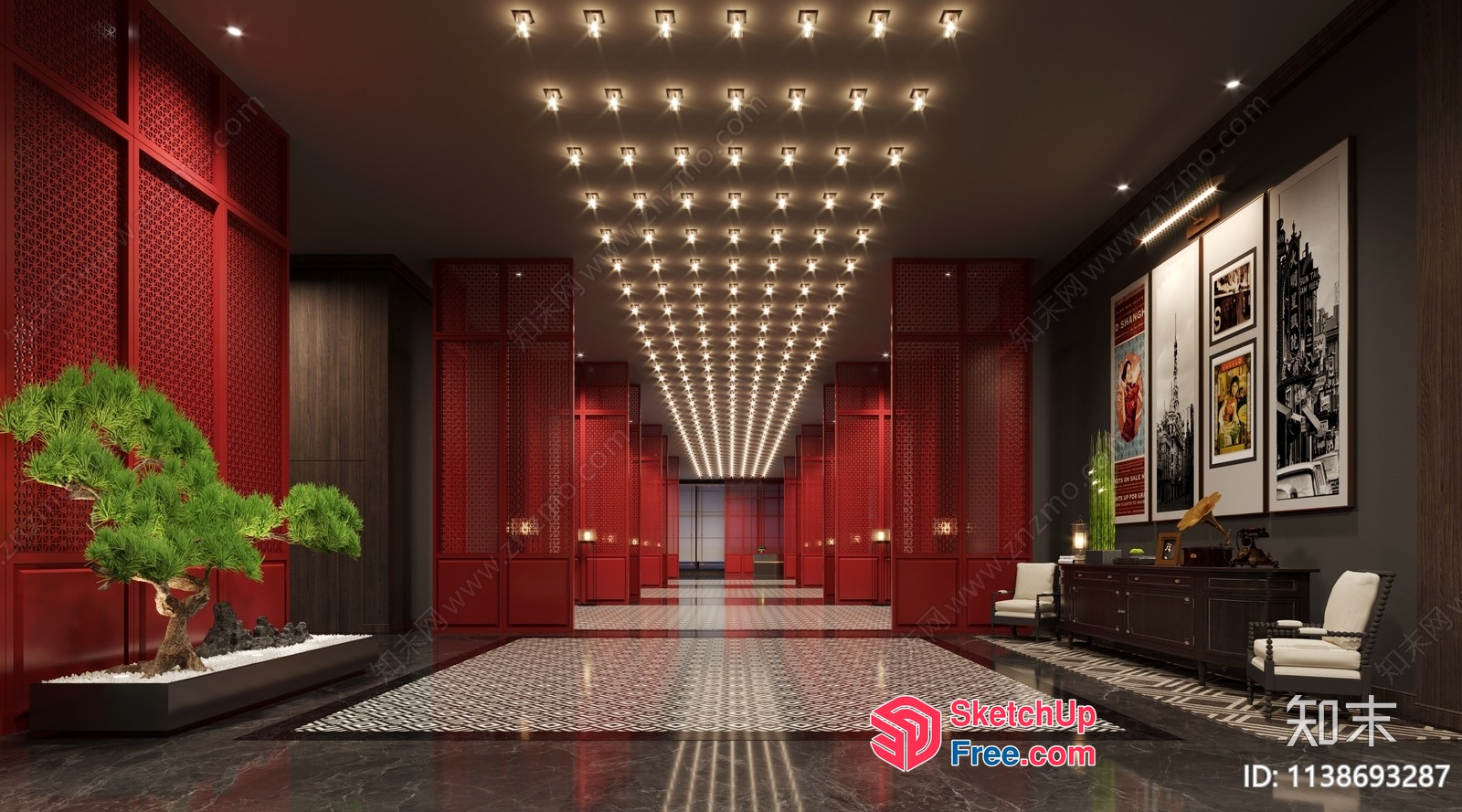 Modern Red Pillar Hallway With Japanese Style Decor 3D SketchUp File