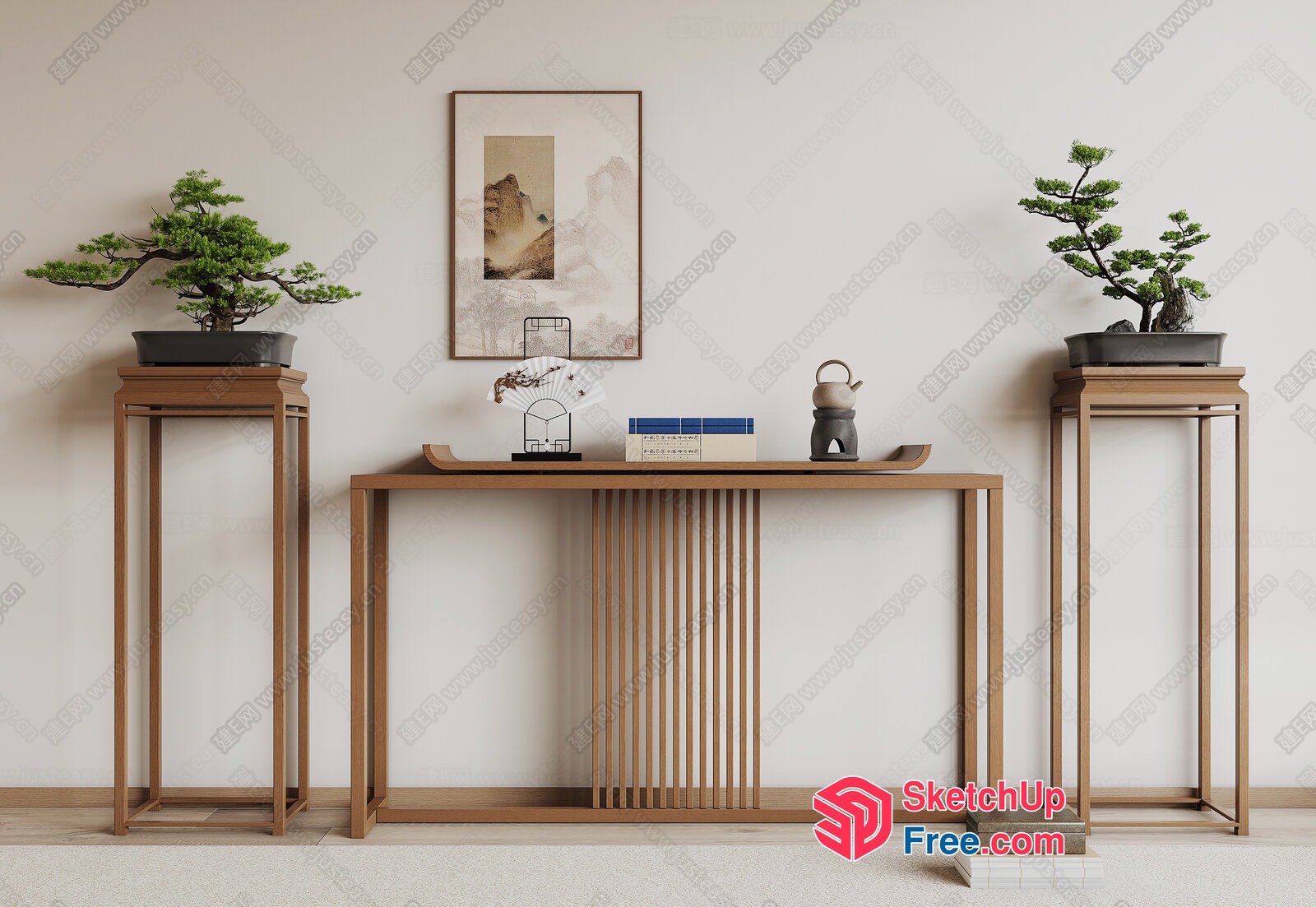 Elegant Japanese-Style Console Table With Potted Plants 3D SketchUp File
