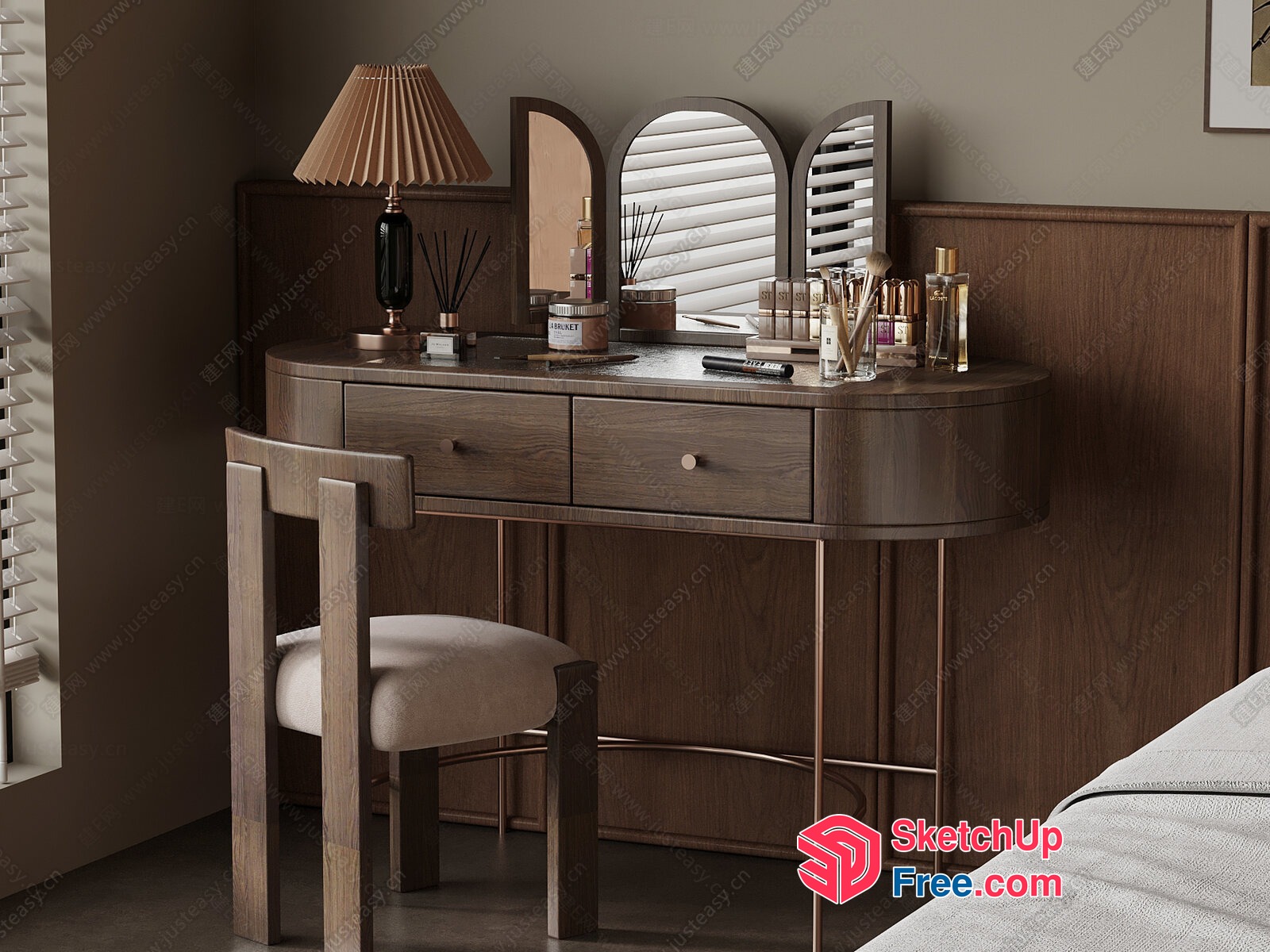Elegant Brown Wood Dressing Table With Comfortable Chair 3D SketchUp File