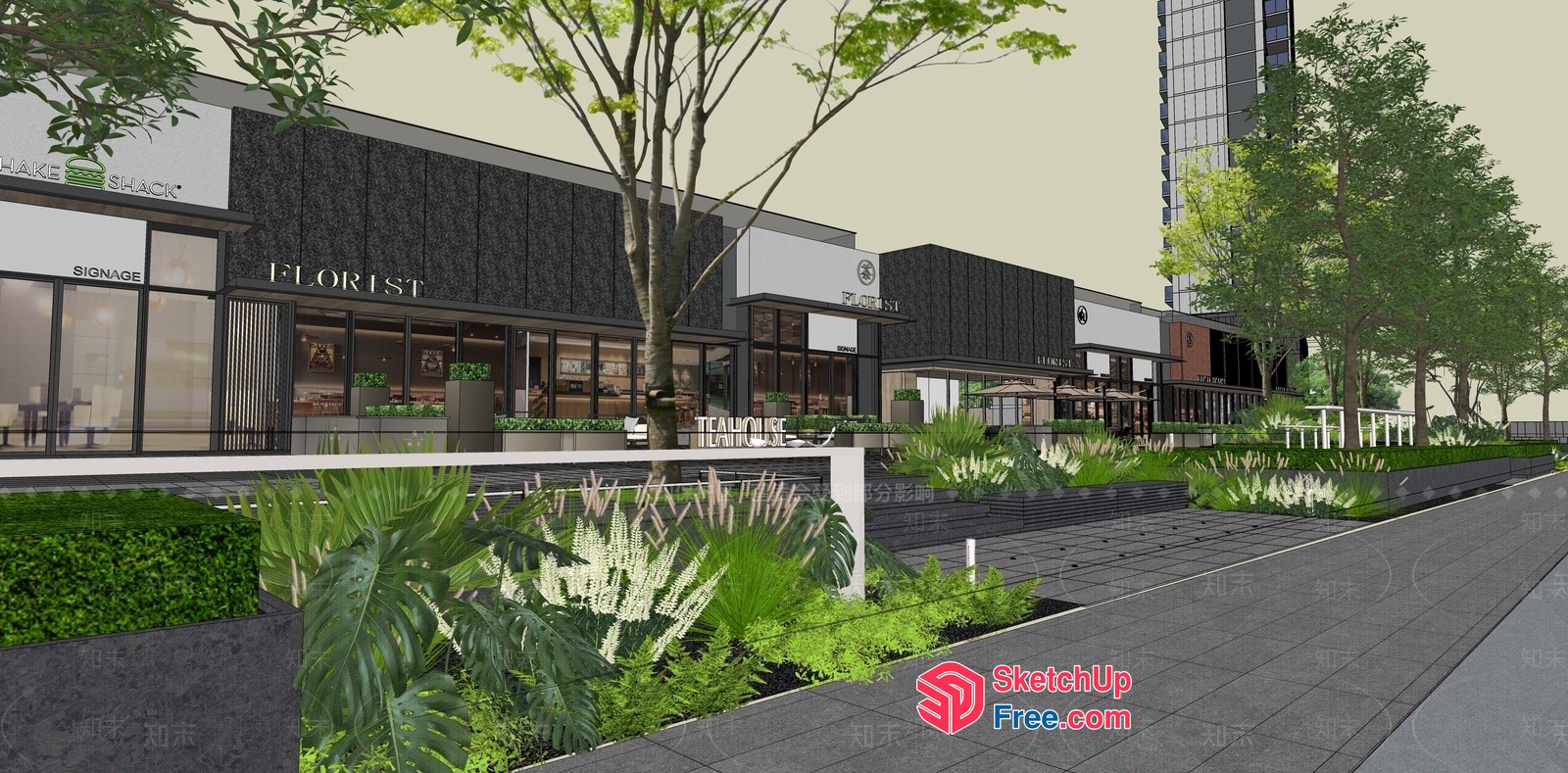 Modern Commercial Street With Elegant Architecture And Lush Greenery 3D SketchUp File