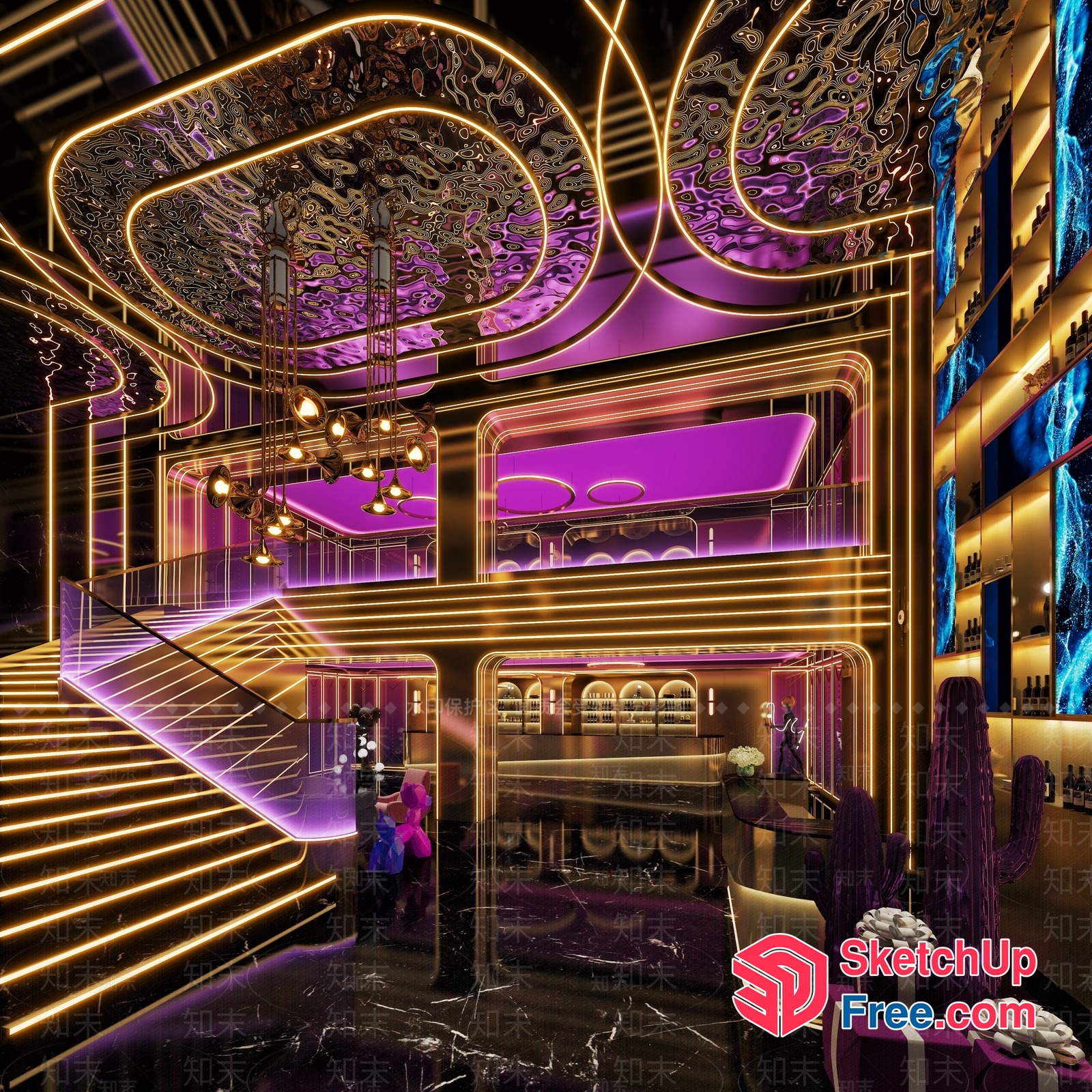 Lavish Gold And Purple Staircase And Bar Interior 3D SketchUp File