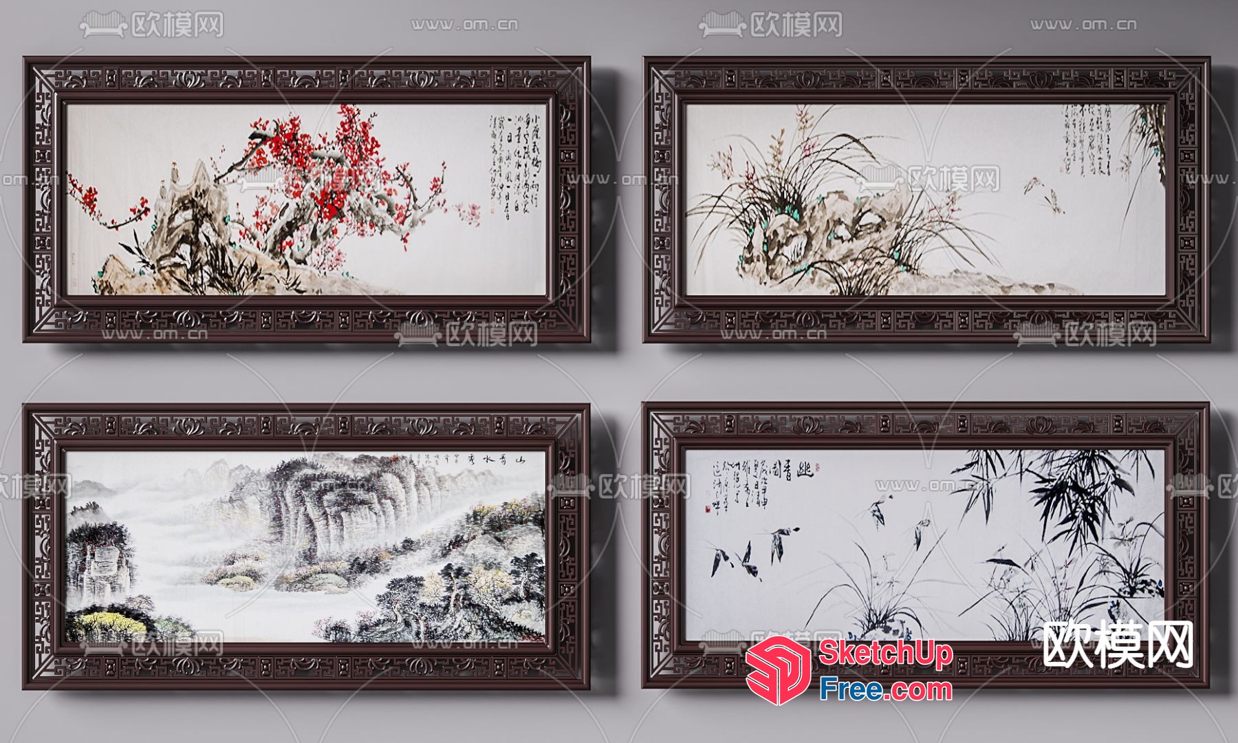 Asian-Inspired Artwork With Ornate Frames 3D SketchUp File