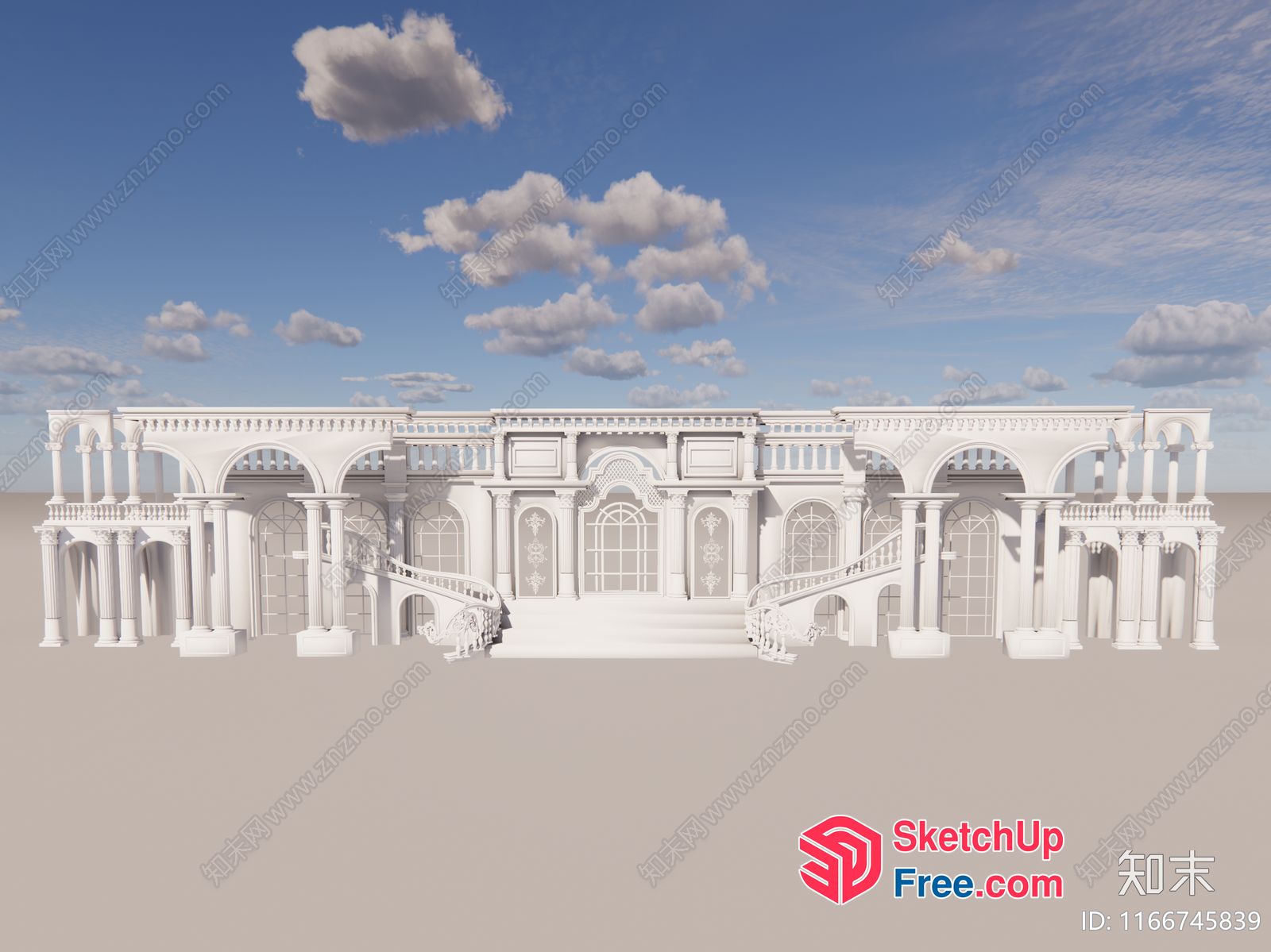 Classic White Mansion With Grand Staircase And Balconies 3D SketchUp File