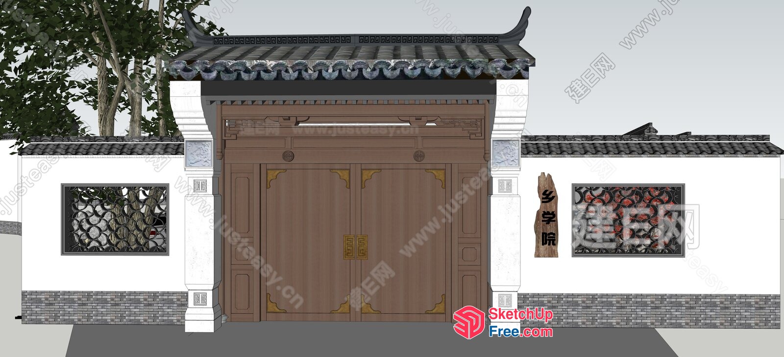 Traditional Asian Building Entrance With Ornate Door 3D SketchUp File
