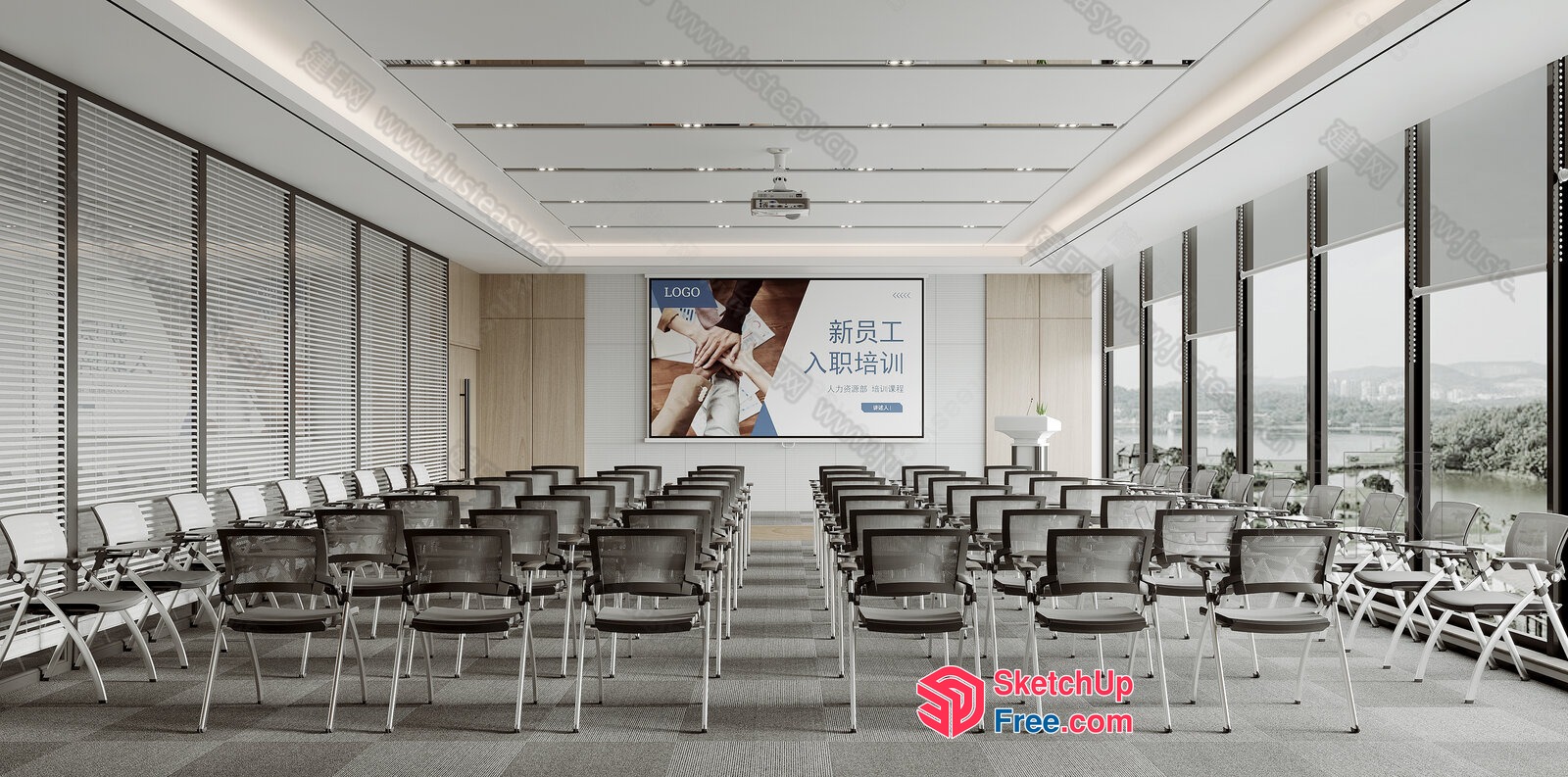 Conference Room With Large Screen And Rows Of Chairs 3D SketchUp File