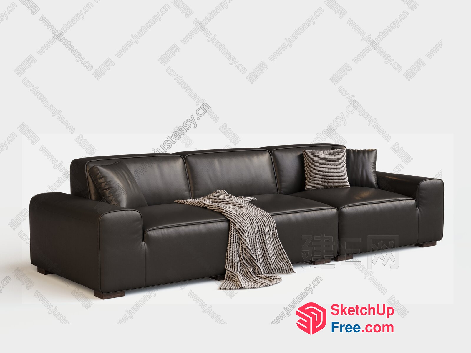 Modern Black Leather Sofa With Pillows And Throw Blanket 3D SketchUp File