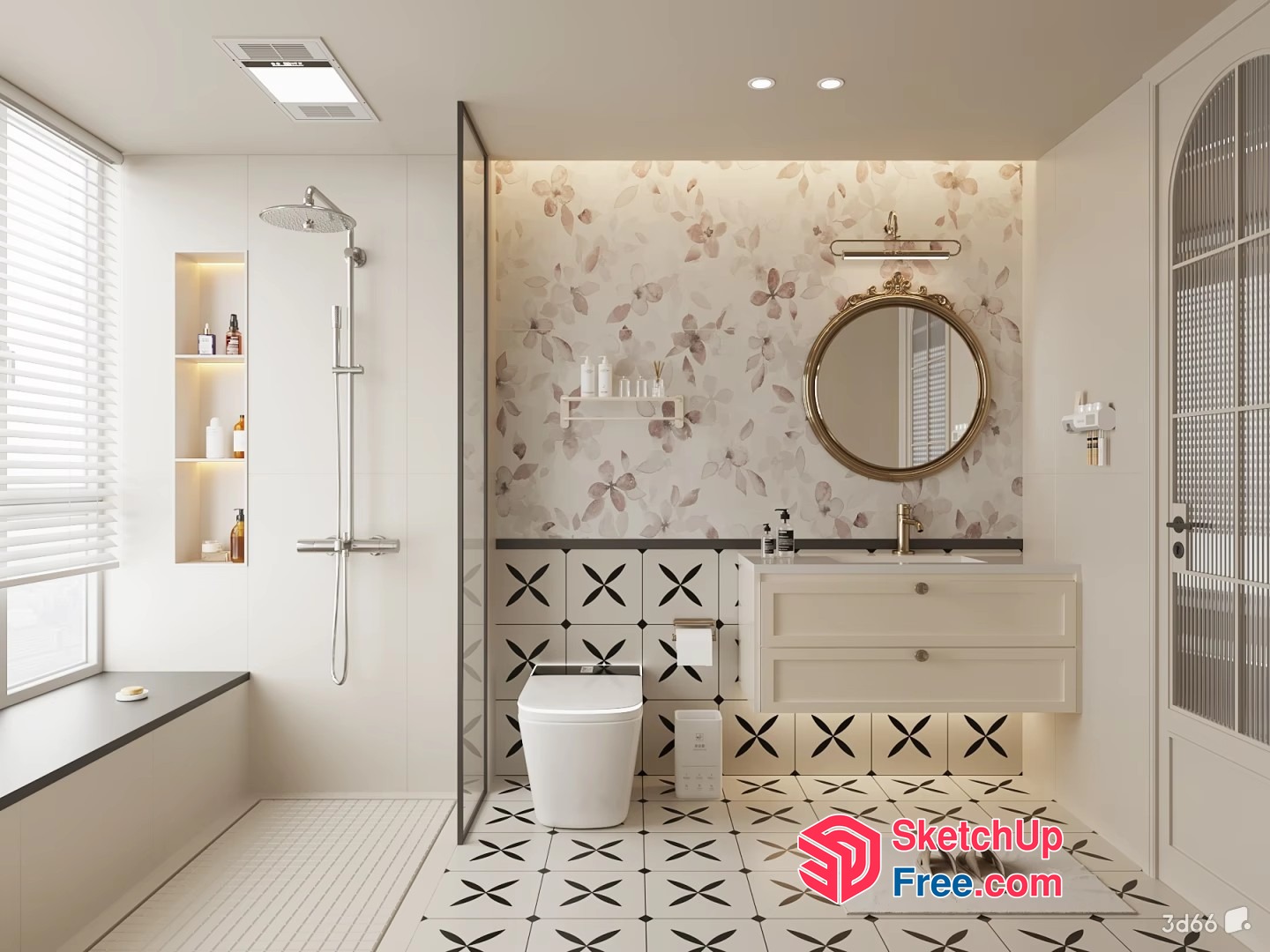 Elegant Bathroom With Floral And Geometric Patterns 3D SketchUp File