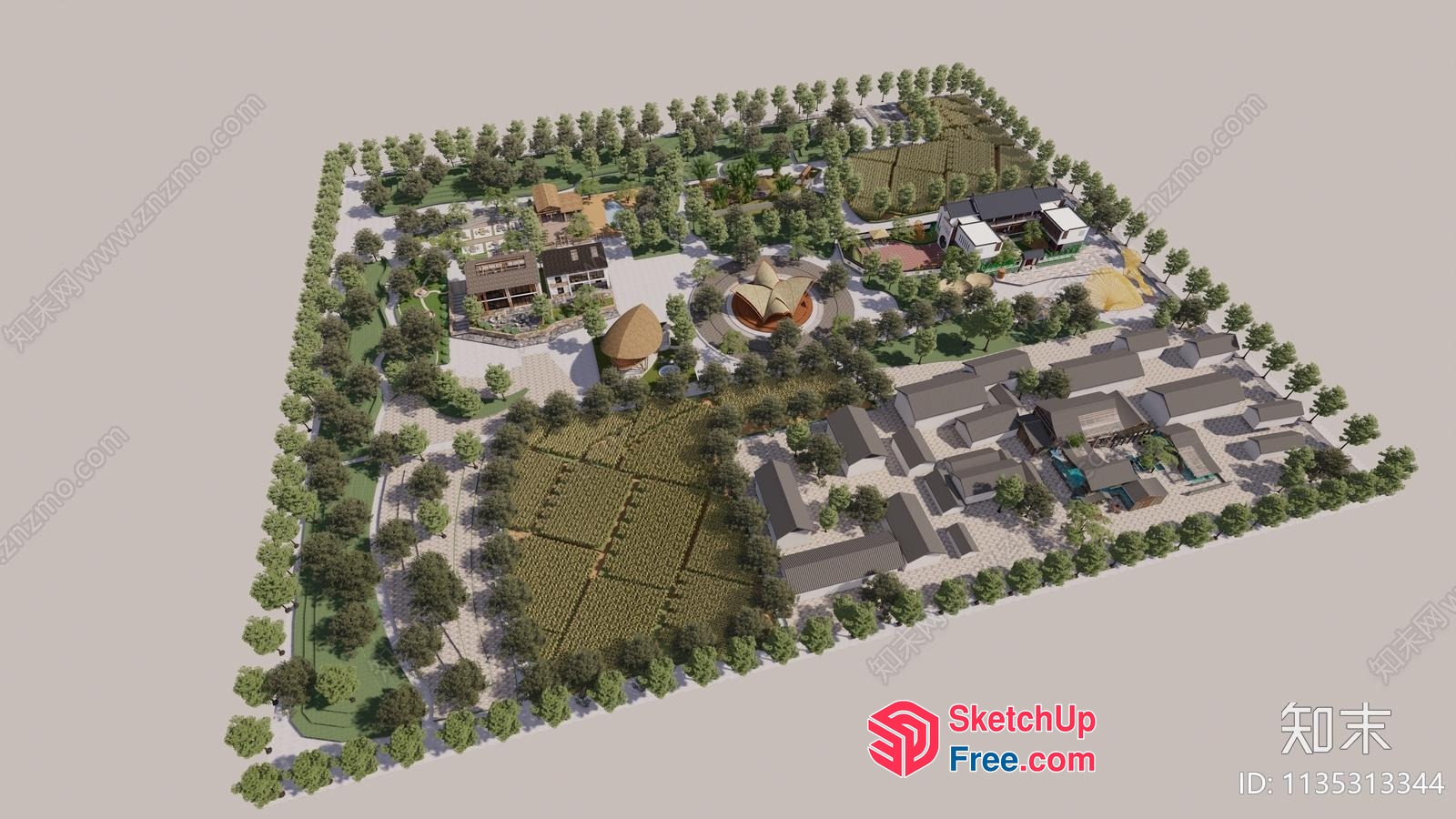 3D Rendering Of A Serene Community With Various Buildings And Green Spaces 3D SketchUp File
