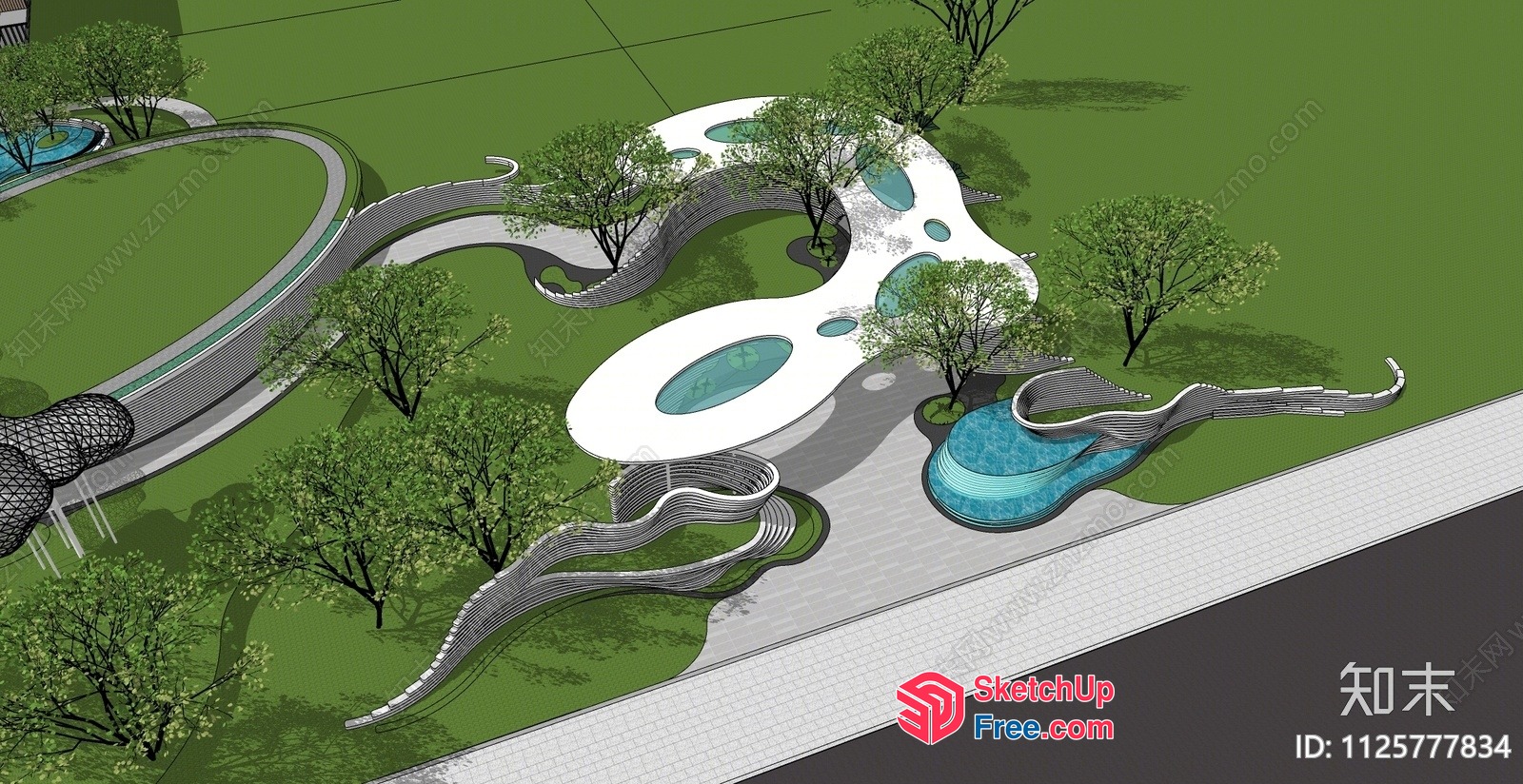 Futuristic Modern Outdoor Space With Curved Lines And Pools 3D SketchUp File