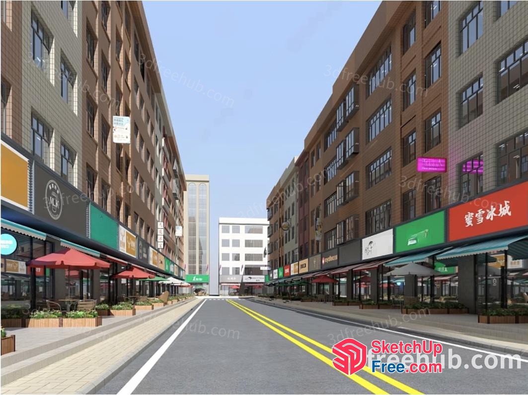 Commercial Street With Various Buildings And Street Furniture 3D SketchUp File