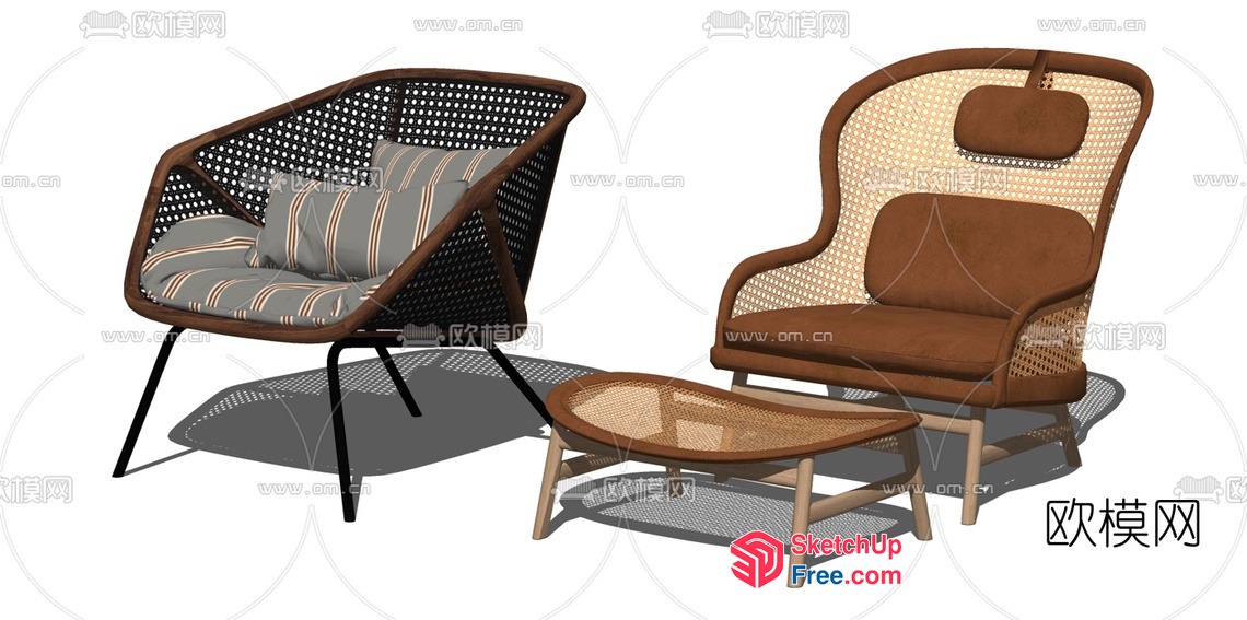 Modern Rattan And Fabric Lounge Chair Set 3D SketchUp File