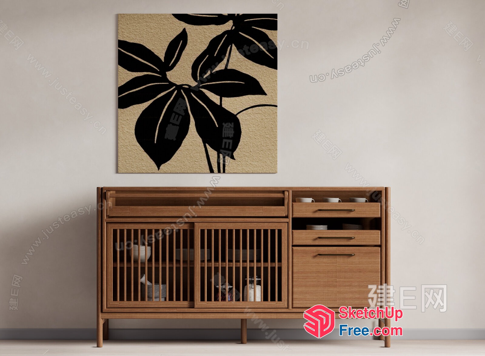 Wooden Sideboard With Sliding Doors And Drawers 3D SketchUp File