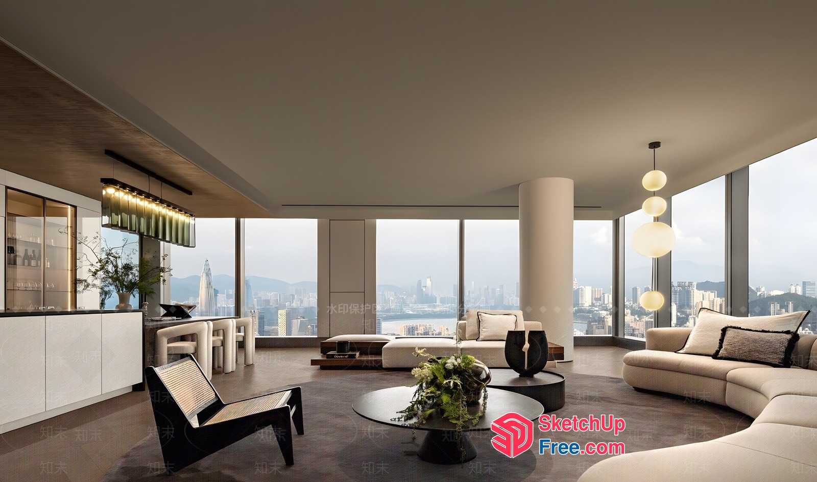 Modern Minimalist Living Room With Panoramic City Views 3D SketchUp File