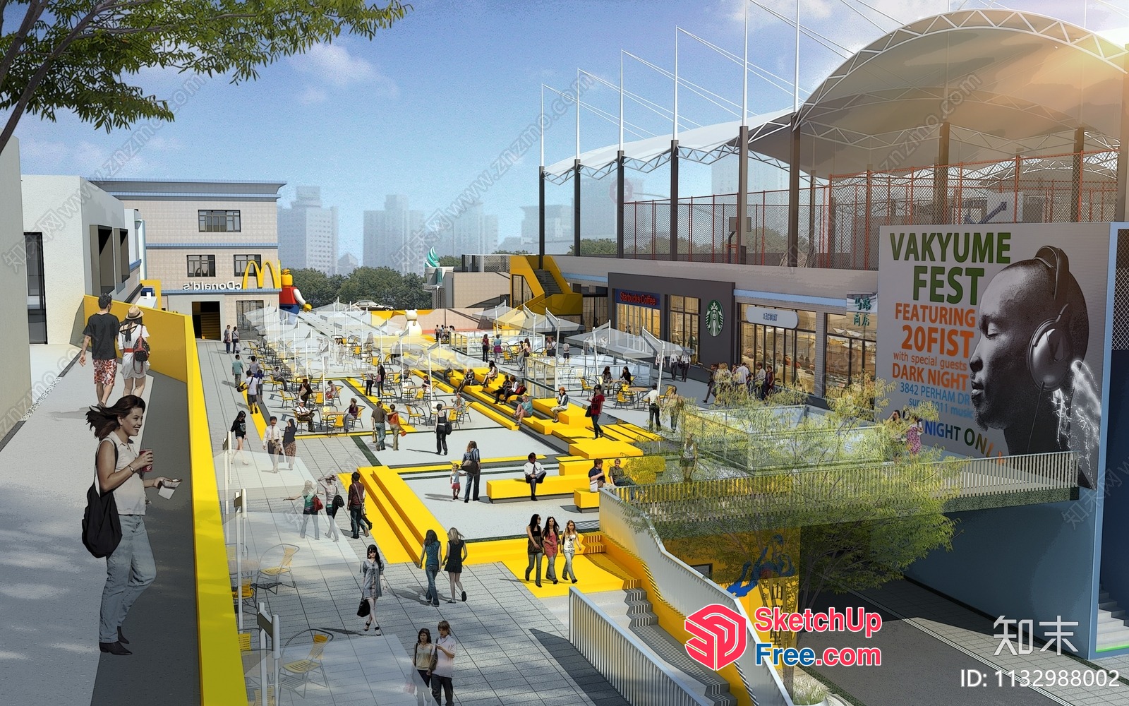 Modern Urban Plaza With Yellow Accents And Outdoor Seating 3D SketchUp File